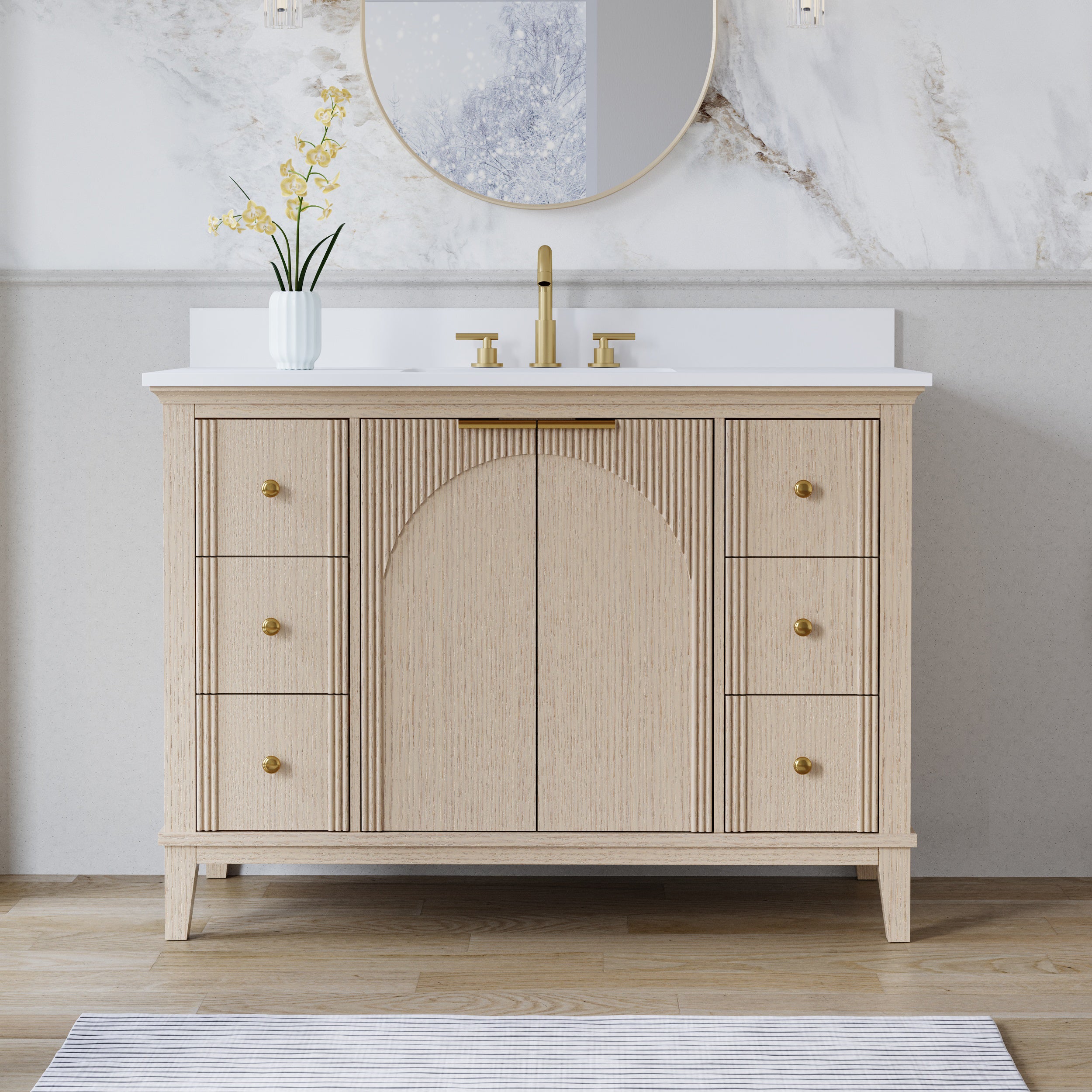 48 Inch Modern Light Oak Solid Wood Bathroom Vanity with White Quartz Countertop & Soft-Close Drawers
