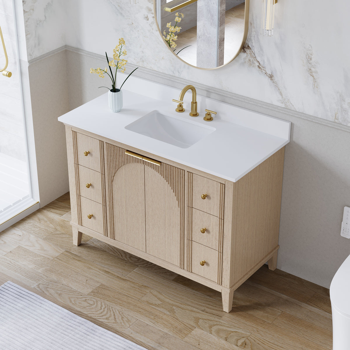 48 Inch Modern Light Oak Solid Wood Bathroom Vanity with White Quartz Countertop & Soft-Close Drawers