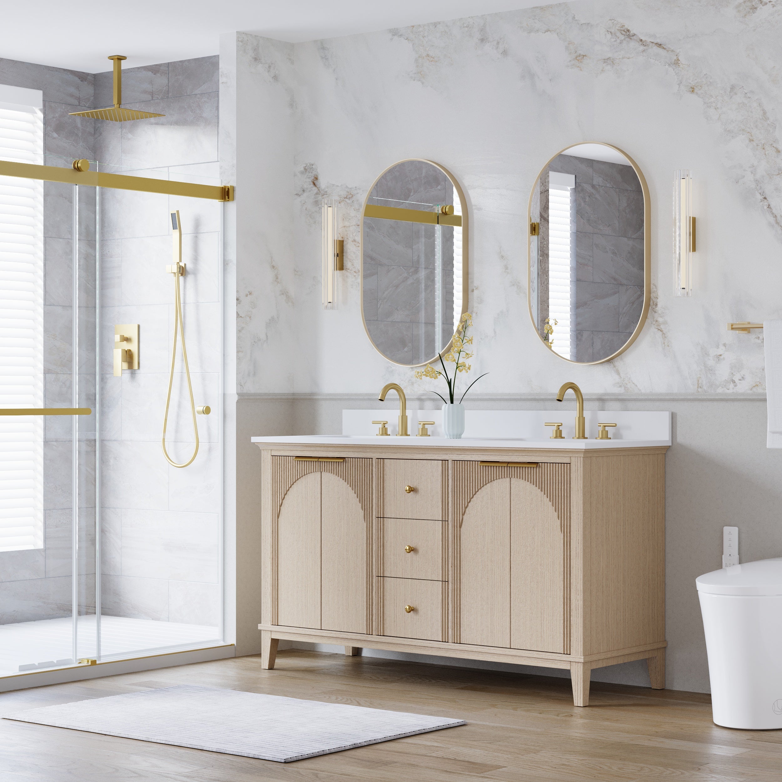 60 Inch Modern Light Oak Solid Wood Bathroom Vanity with White Quartz Countertop & 3 Soft-Close Drawers
