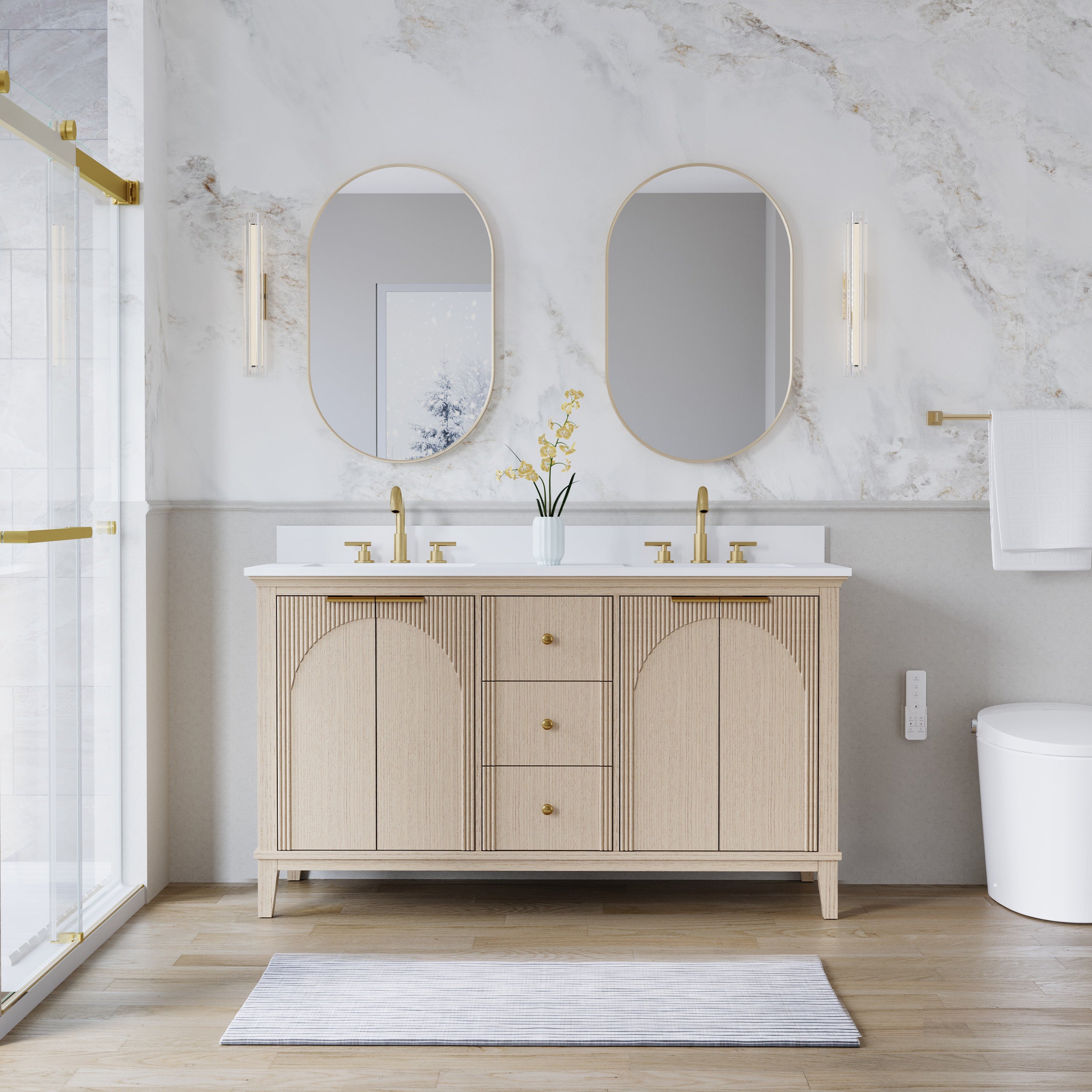 60 Inch Modern Light Oak Solid Wood Bathroom Vanity with White Quartz Countertop & 3 Soft-Close Drawers