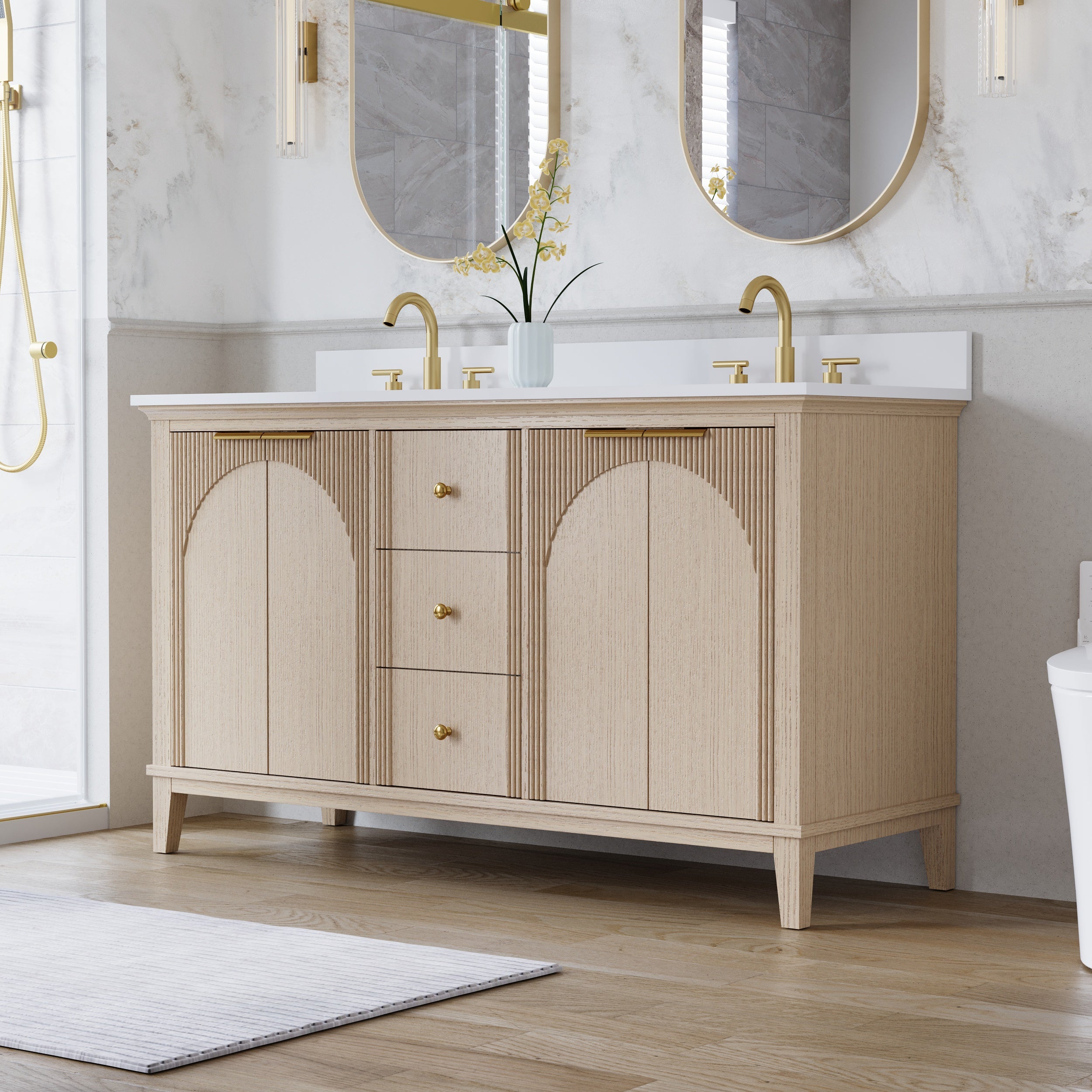60 Inch Modern Light Oak Solid Wood Bathroom Vanity with White Quartz Countertop & 3 Soft-Close Drawers