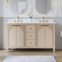 60 Inch Modern Light Oak Solid Wood Bathroom Vanity with White Quartz Countertop & 3 Soft-Close Drawers
