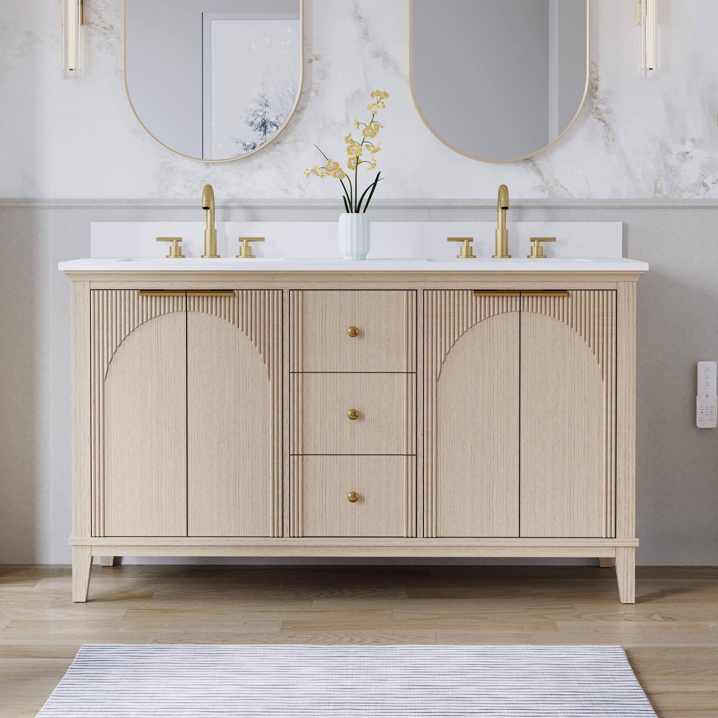 60 Inch Modern Light Oak Solid Wood Bathroom Vanity with White Quartz Countertop & 3 Soft-Close Drawers
