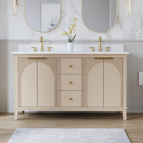60 Inch Modern Light Oak Solid Wood Bathroom Vanity with White Quartz Countertop & 3 Soft-Close Drawers