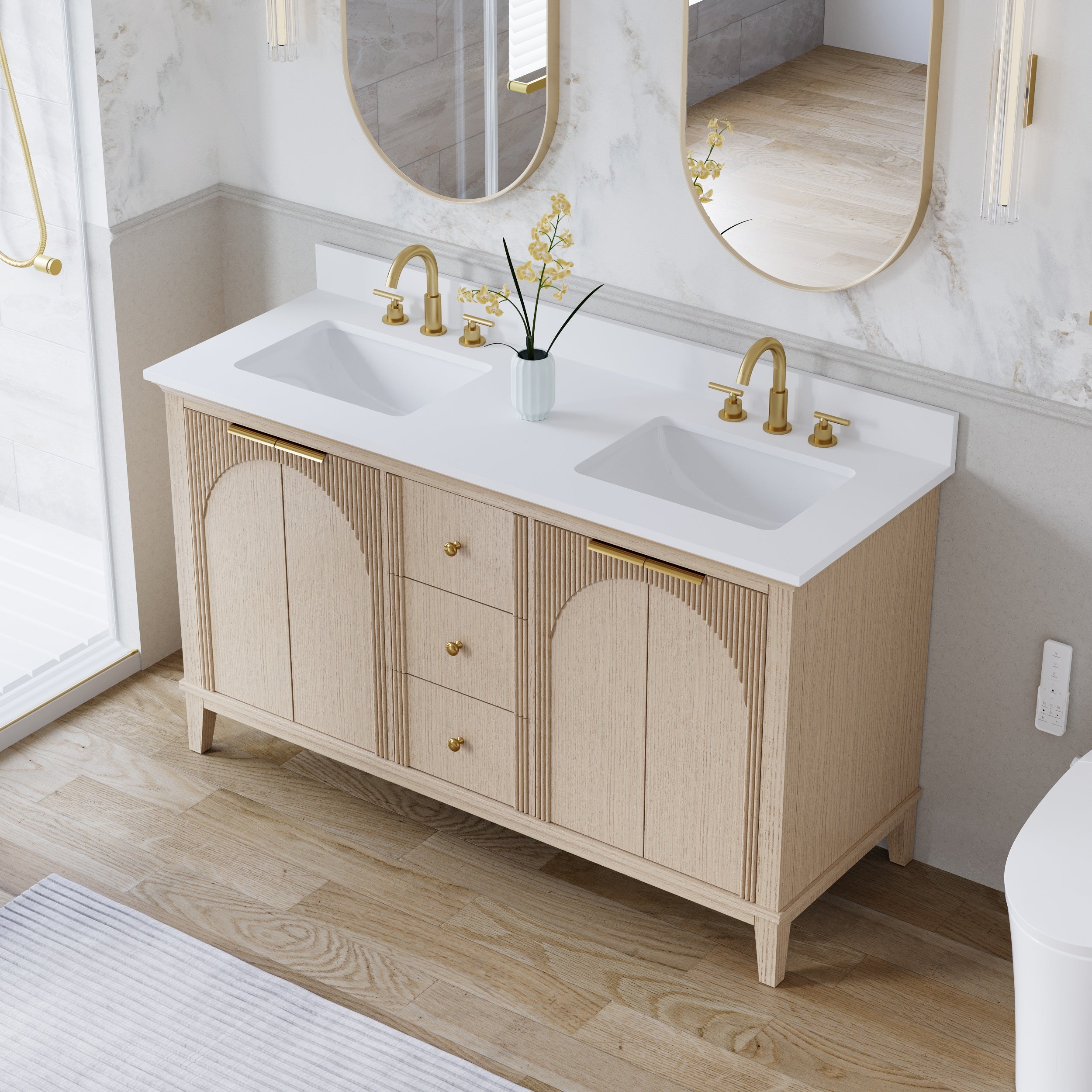 60 Inch Modern Light Oak Solid Wood Bathroom Vanity with White Quartz Countertop & 3 Soft-Close Drawers