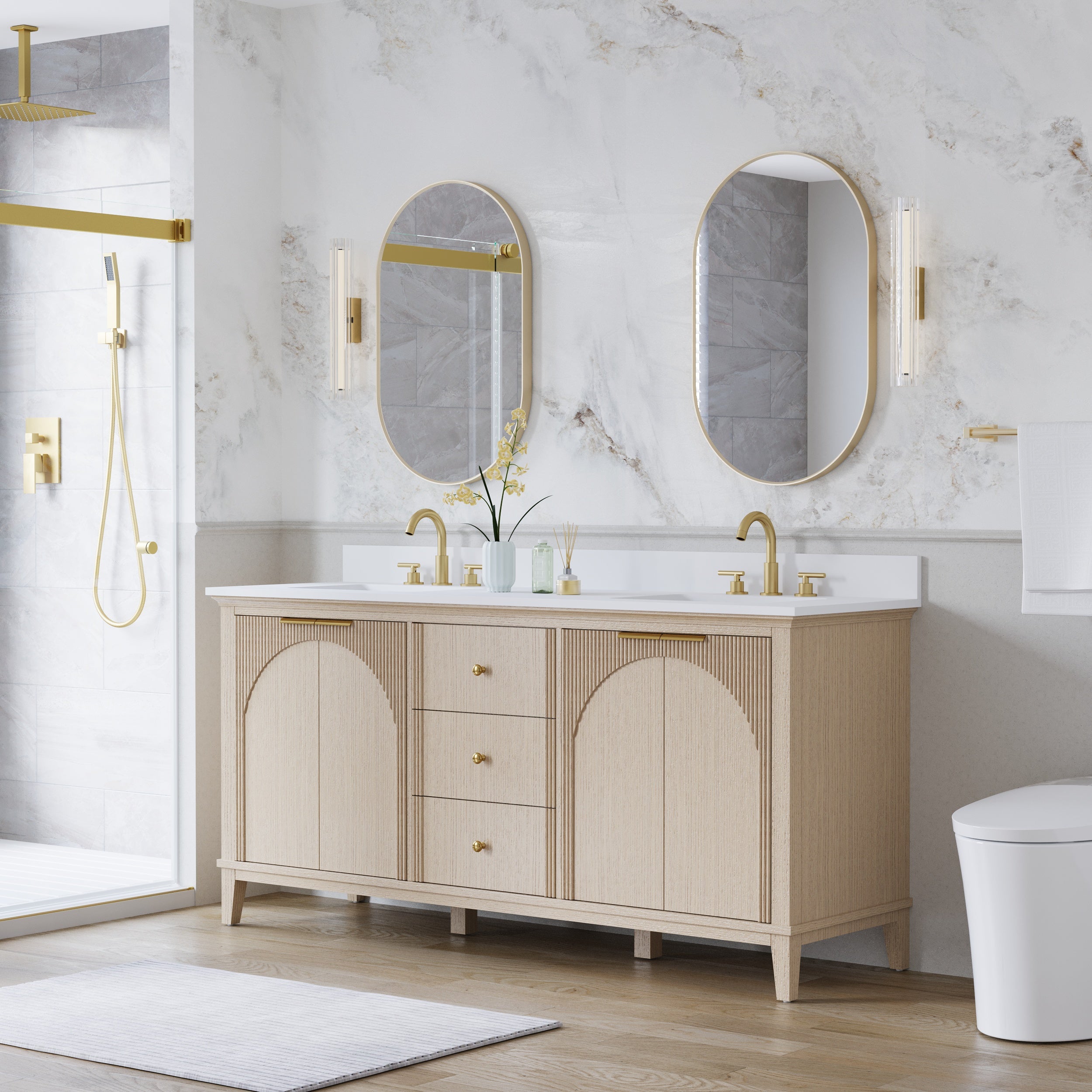 72 Inch Modern Light Oak Solid Wood Bathroom Vanity with White Quartz Countertop & 3 Soft-Close Drawers