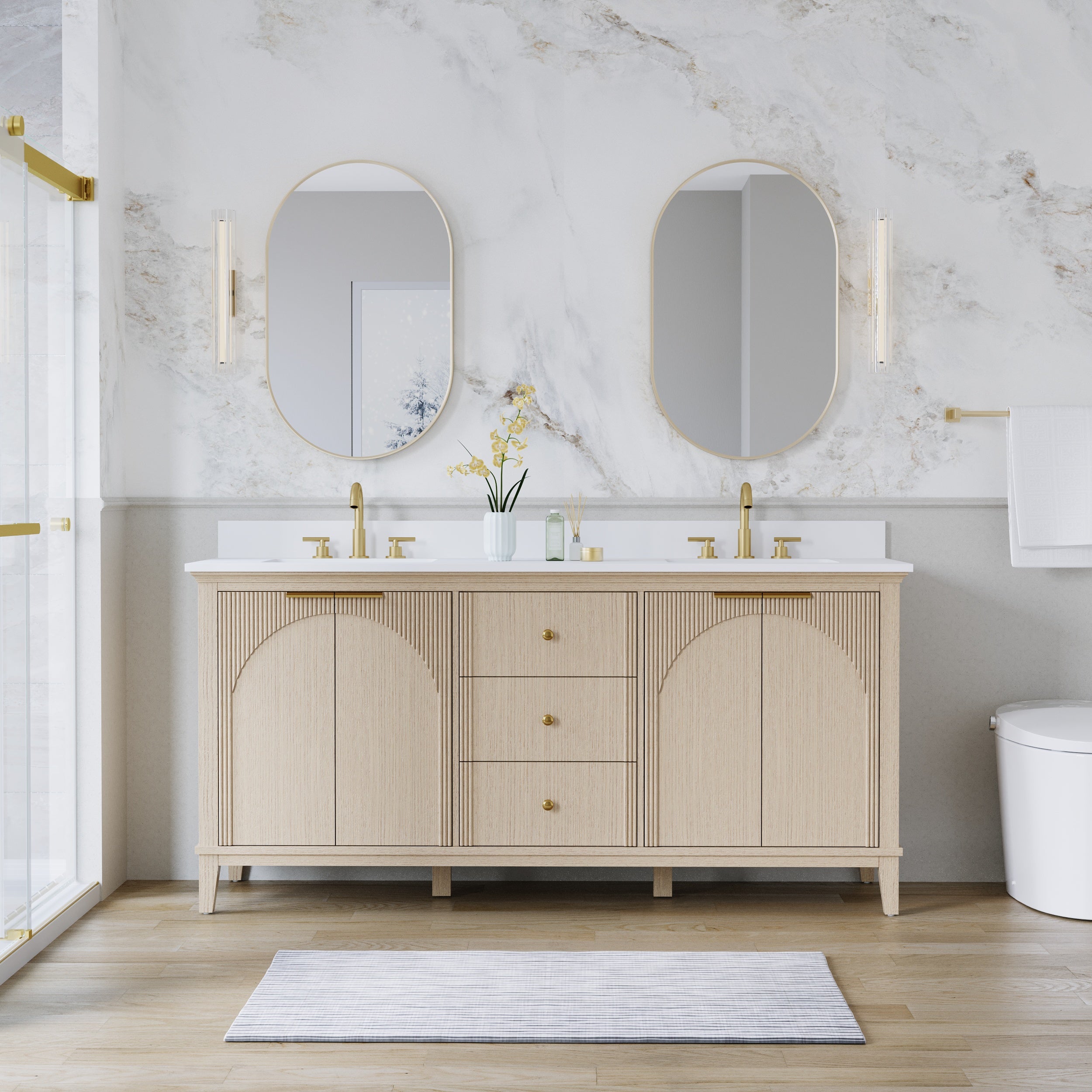 72 Inch Modern Light Oak Solid Wood Bathroom Vanity with White Quartz Countertop & 3 Soft-Close Drawers