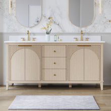 72 Inch Modern Light Oak Solid Wood Bathroom Vanity with White Quartz Countertop & 3 Soft-Close Drawers