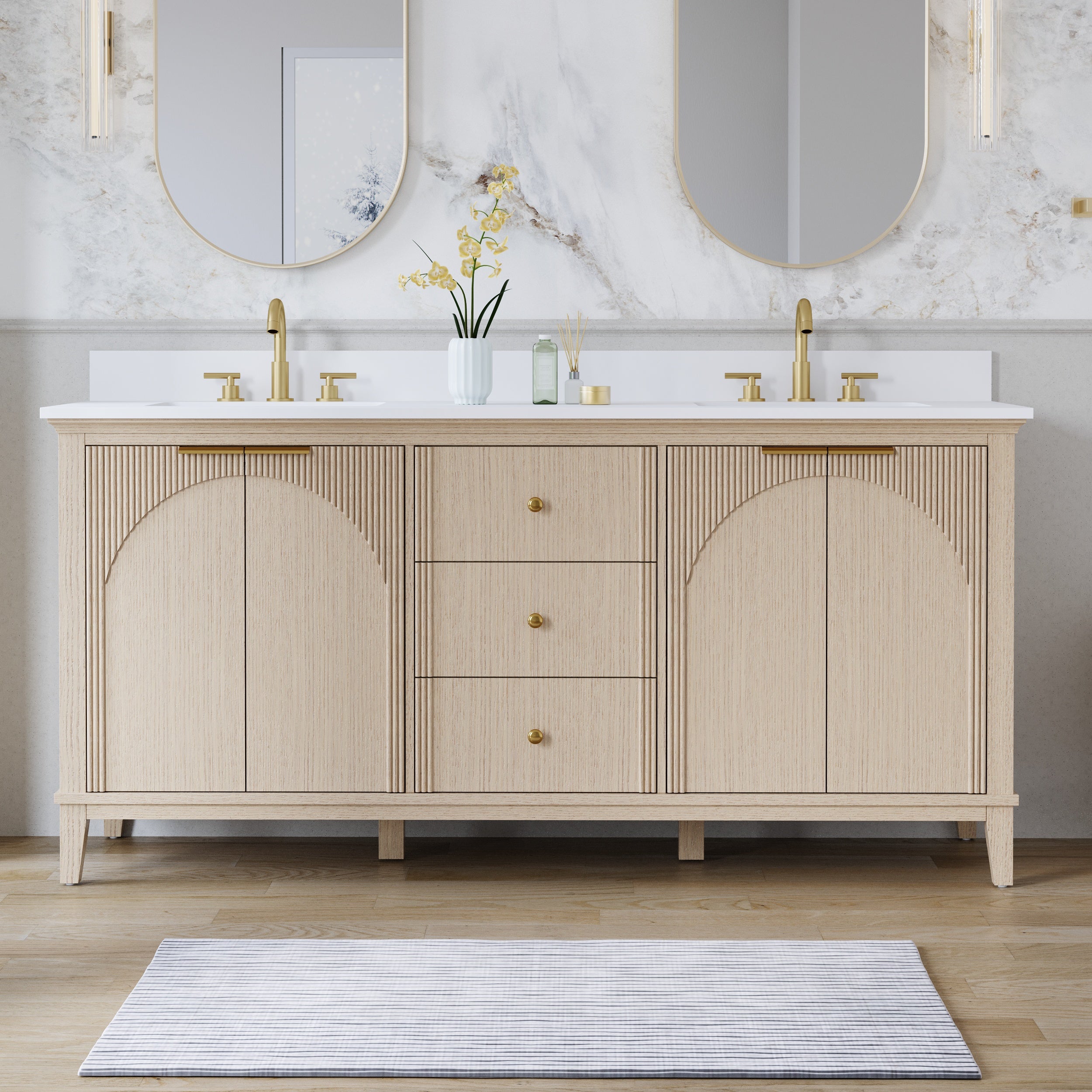 72 Inch Modern Light Oak Solid Wood Bathroom Vanity with White Quartz Countertop & 3 Soft-Close Drawers