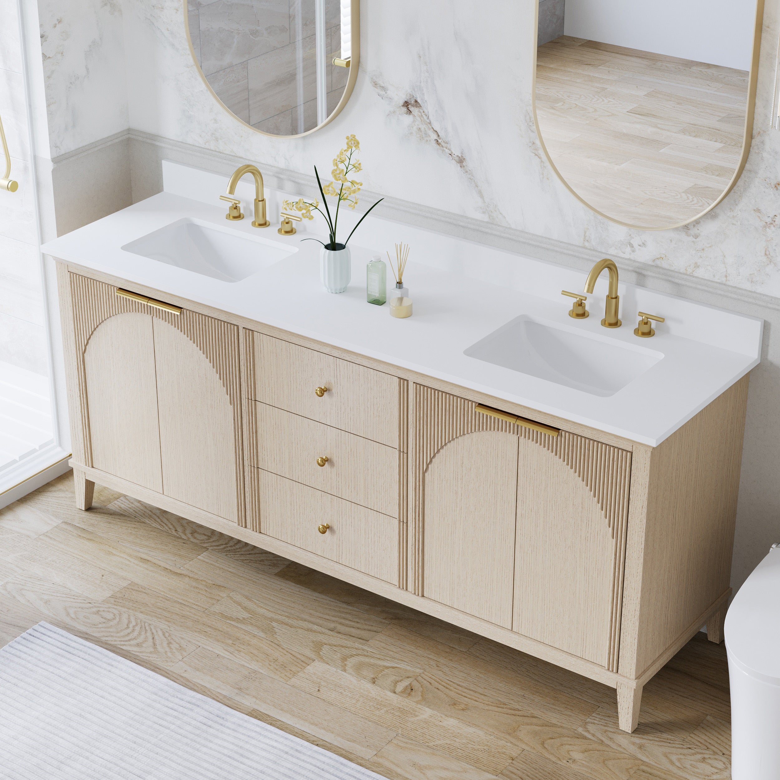 80 Inch Modern Light Oak Solid Wood Bathroom Vanity with White Quartz Countertop & 3 Soft-Close Drawers