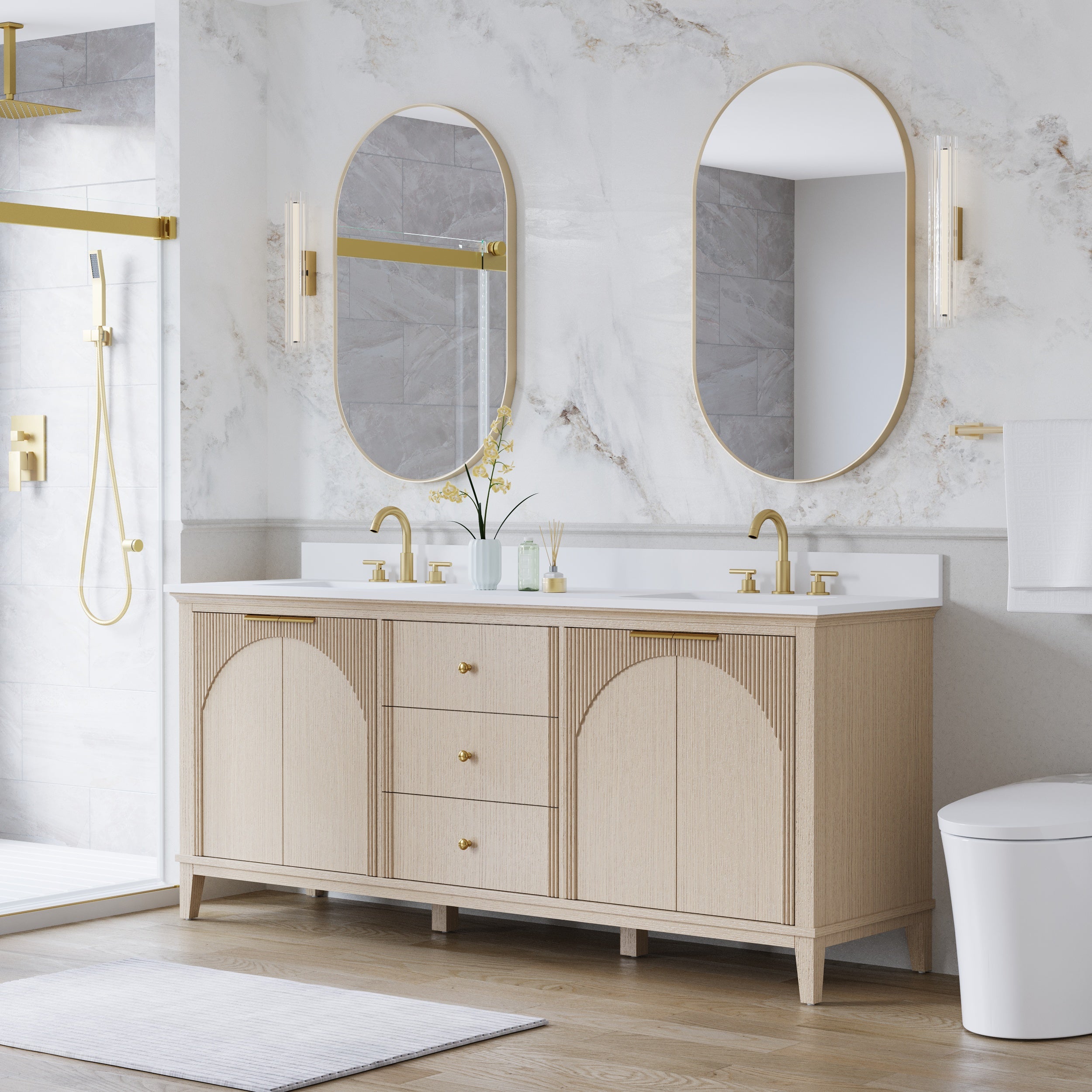 80 Inch Modern Light Oak Solid Wood Bathroom Vanity with White Quartz Countertop & 3 Soft-Close Drawers