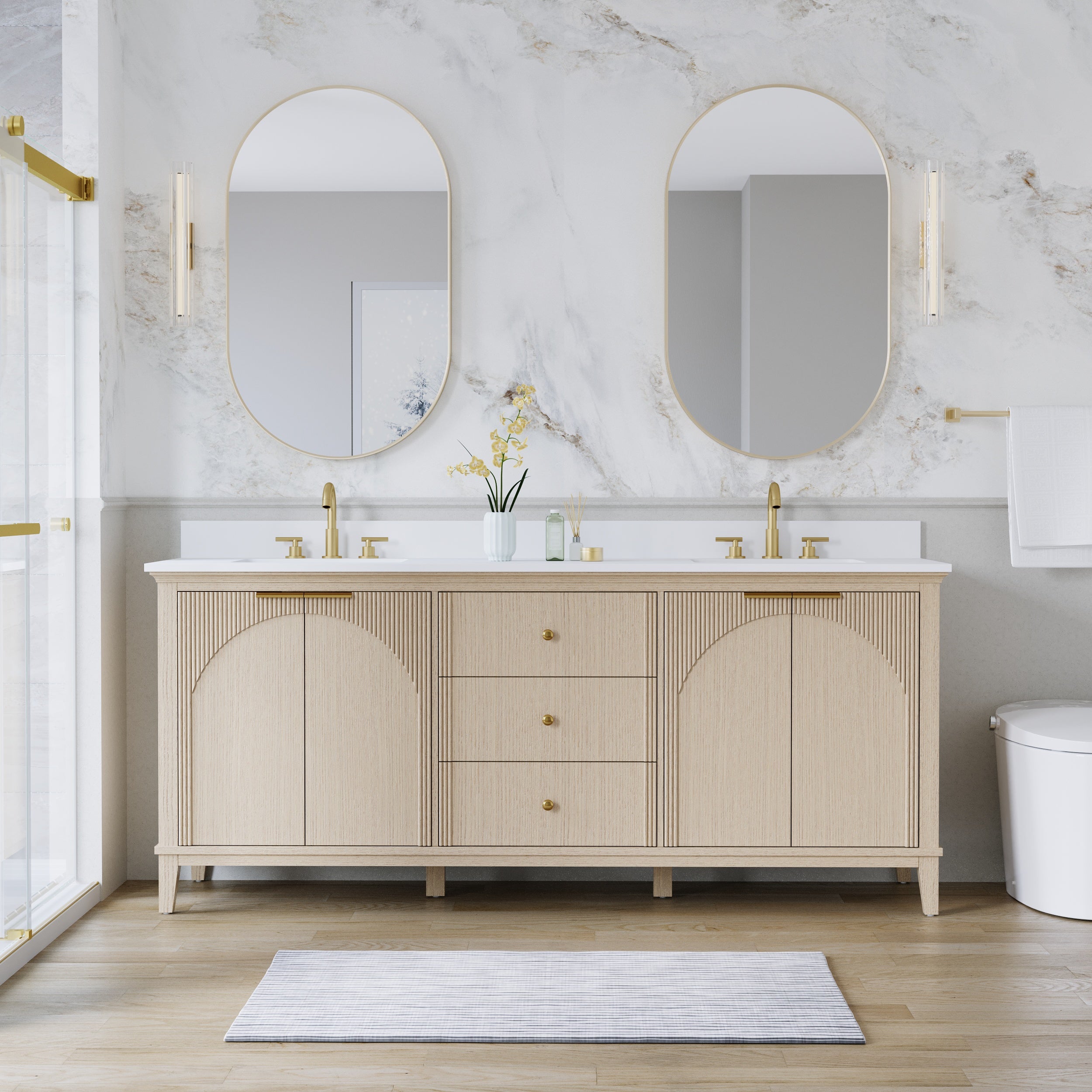 80 Inch Modern Light Oak Solid Wood Bathroom Vanity with White Quartz Countertop & 3 Soft-Close Drawers