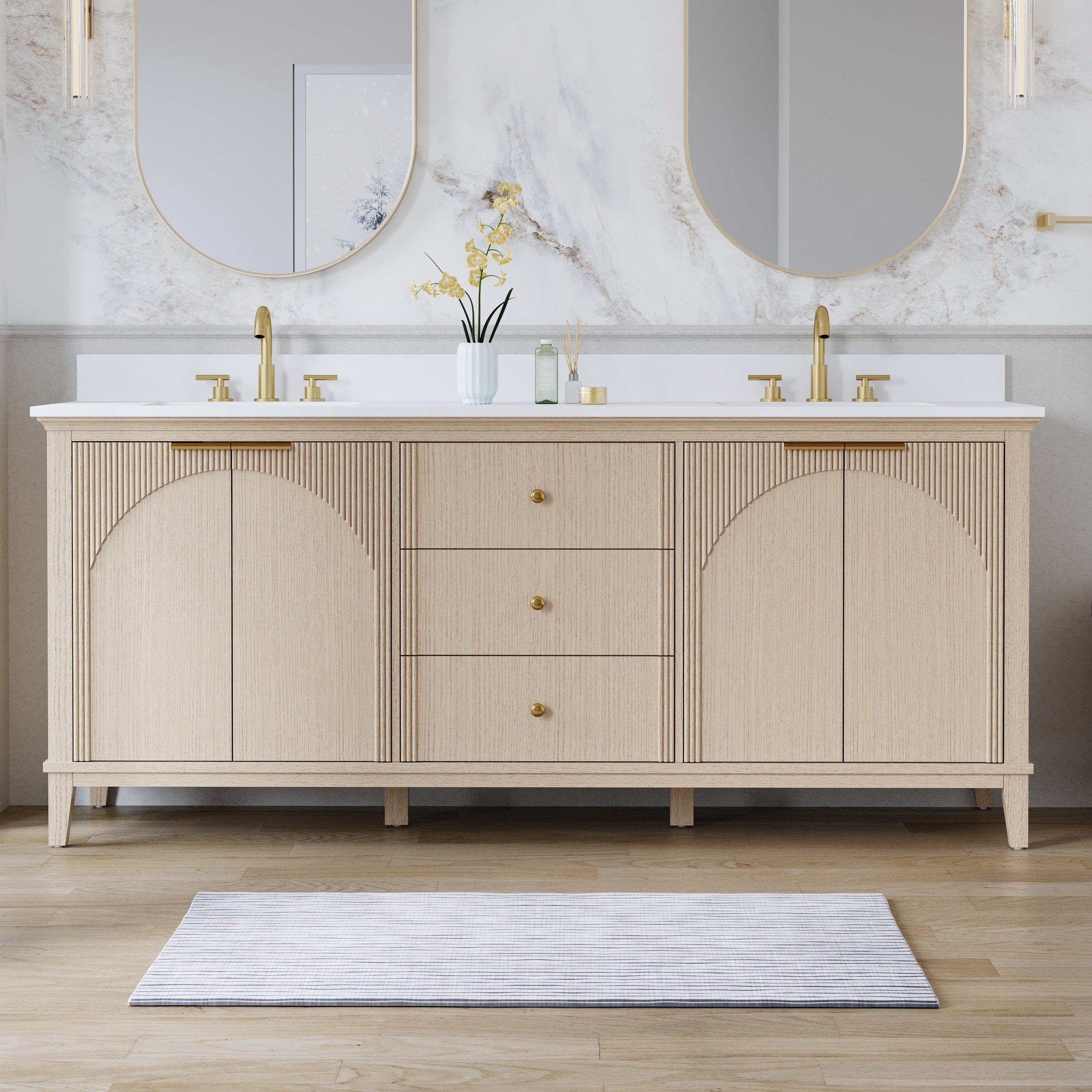 80 Inch Modern Light Oak Solid Wood Bathroom Vanity with White Quartz Countertop & 3 Soft-Close Drawers