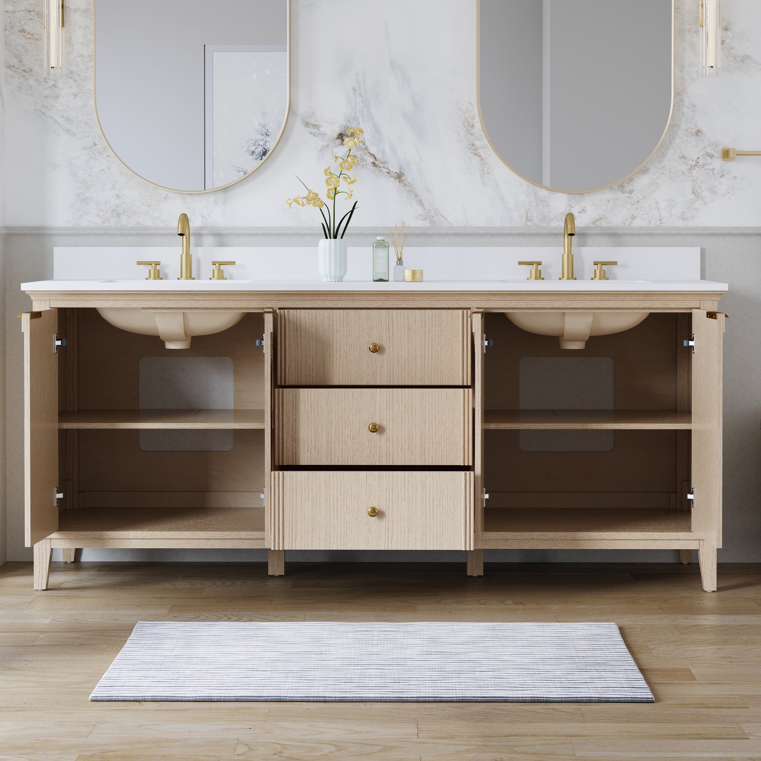 80 Inch Modern Light Oak Solid Wood Bathroom Vanity with White Quartz Countertop & 3 Soft-Close Drawers