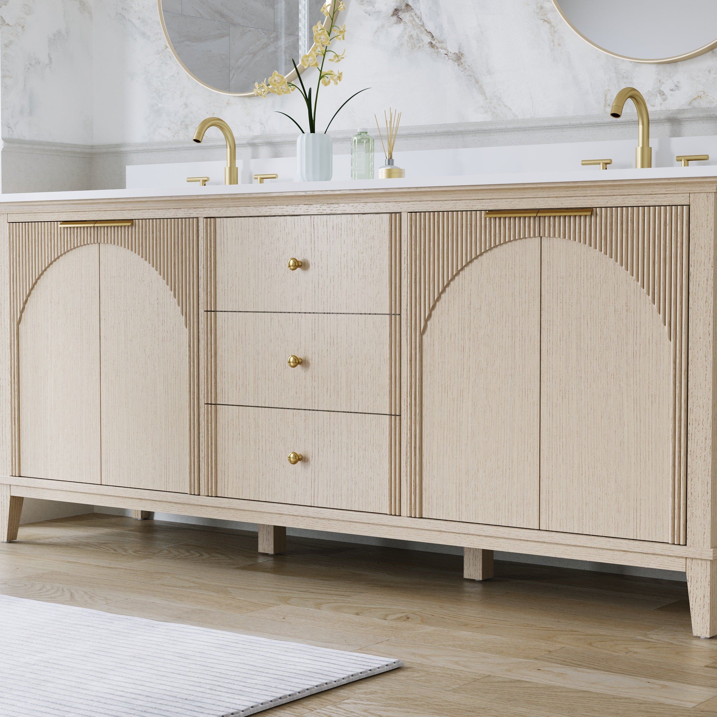 80 Inch Modern Light Oak Solid Wood Bathroom Vanity with White Quartz Countertop & 3 Soft-Close Drawers