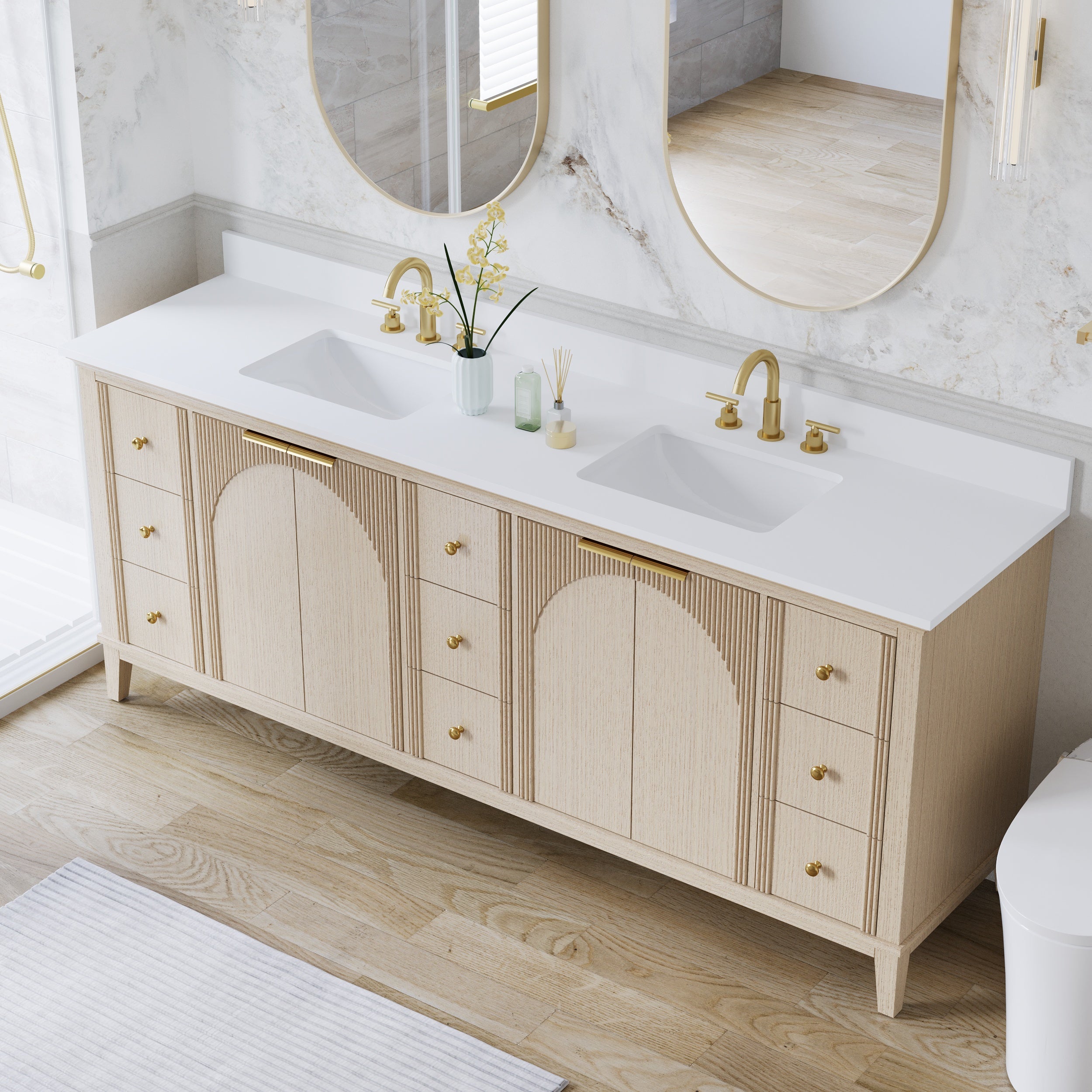 84 Inch Modern Light Oak Solid Wood Bathroom Vanity with White Quartz Countertop & 9 Soft-Close Drawers