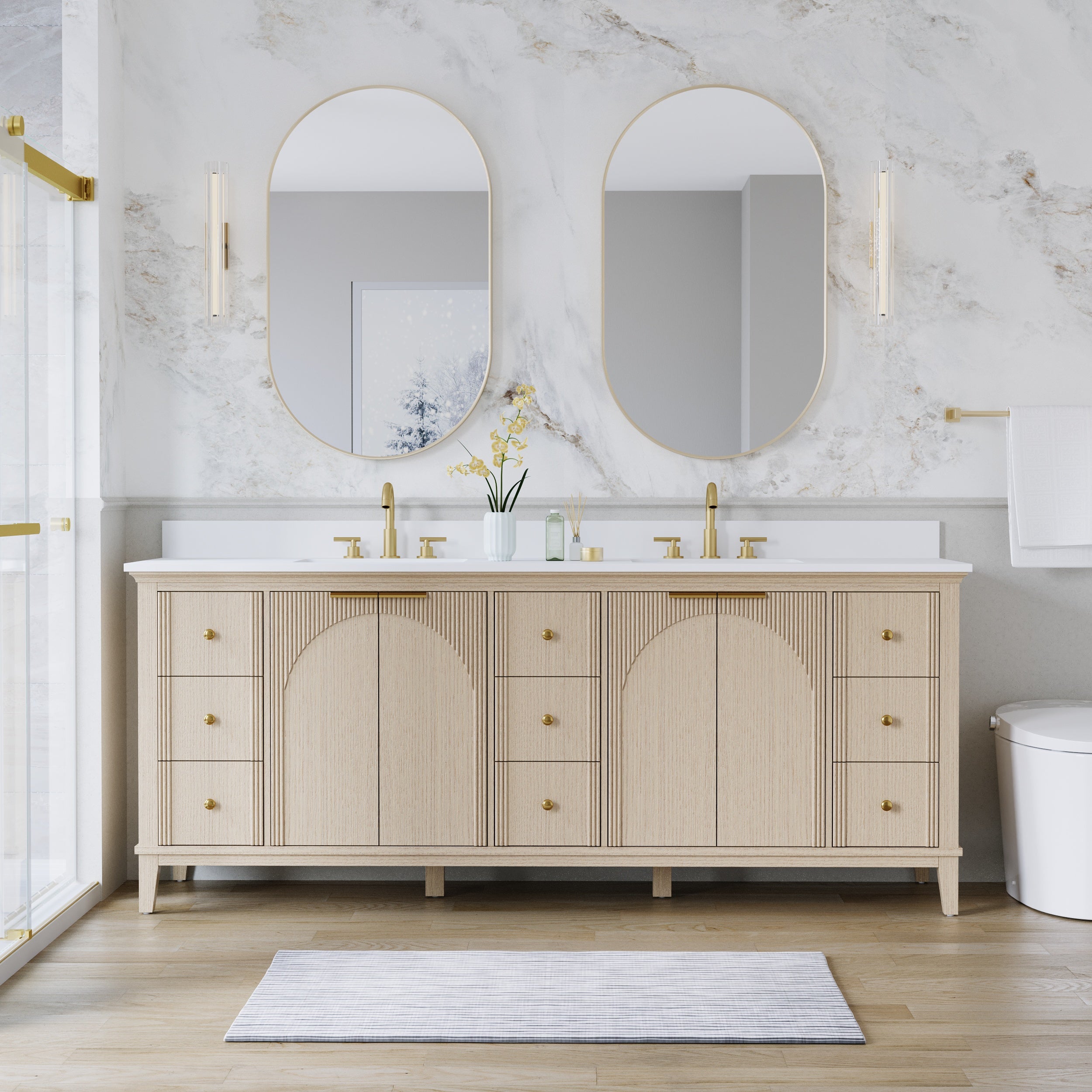 84 Inch Modern Light Oak Solid Wood Bathroom Vanity with White Quartz Countertop & 9 Soft-Close Drawers