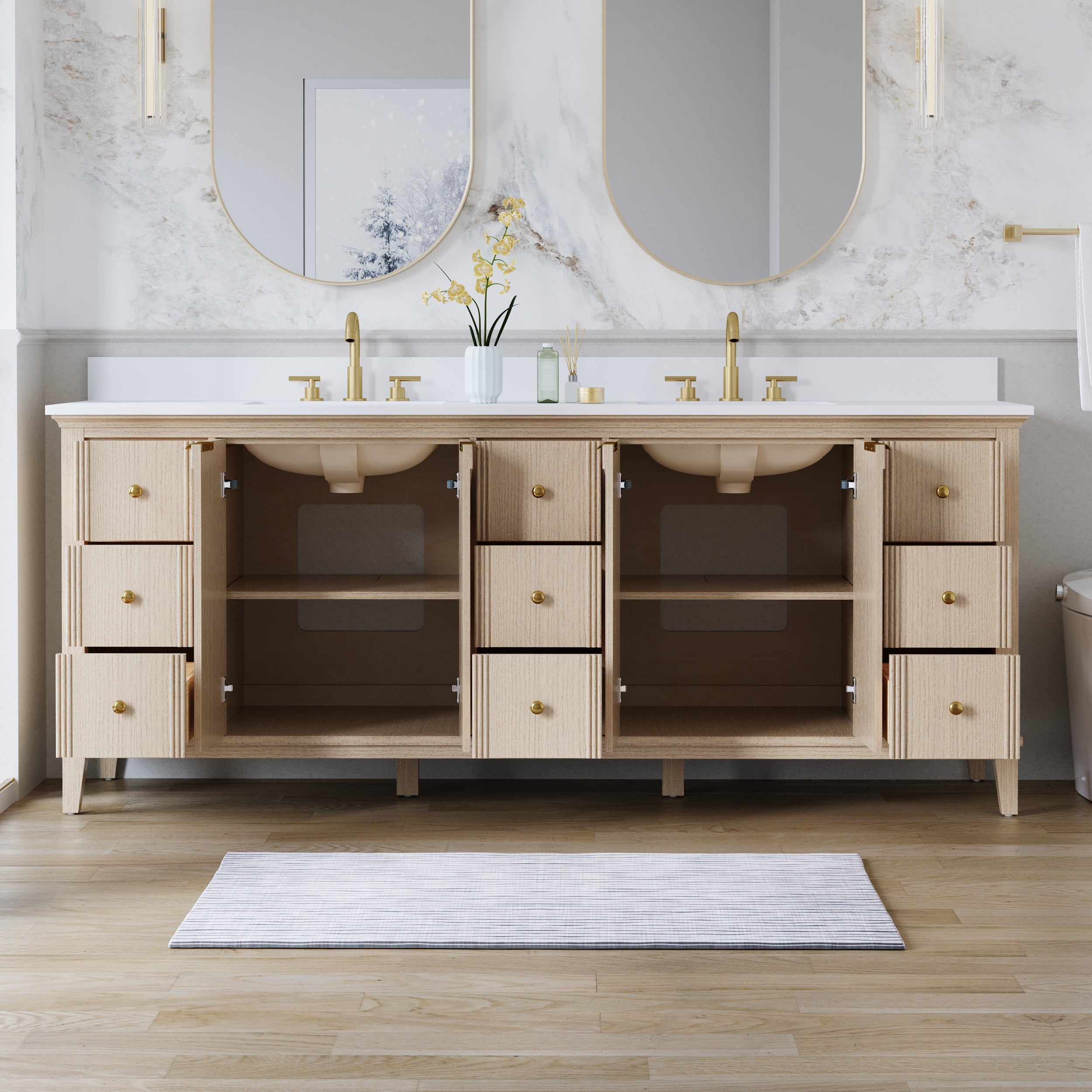 84 Inch Modern Light Oak Solid Wood Bathroom Vanity with White Quartz Countertop & 9 Soft-Close Drawers