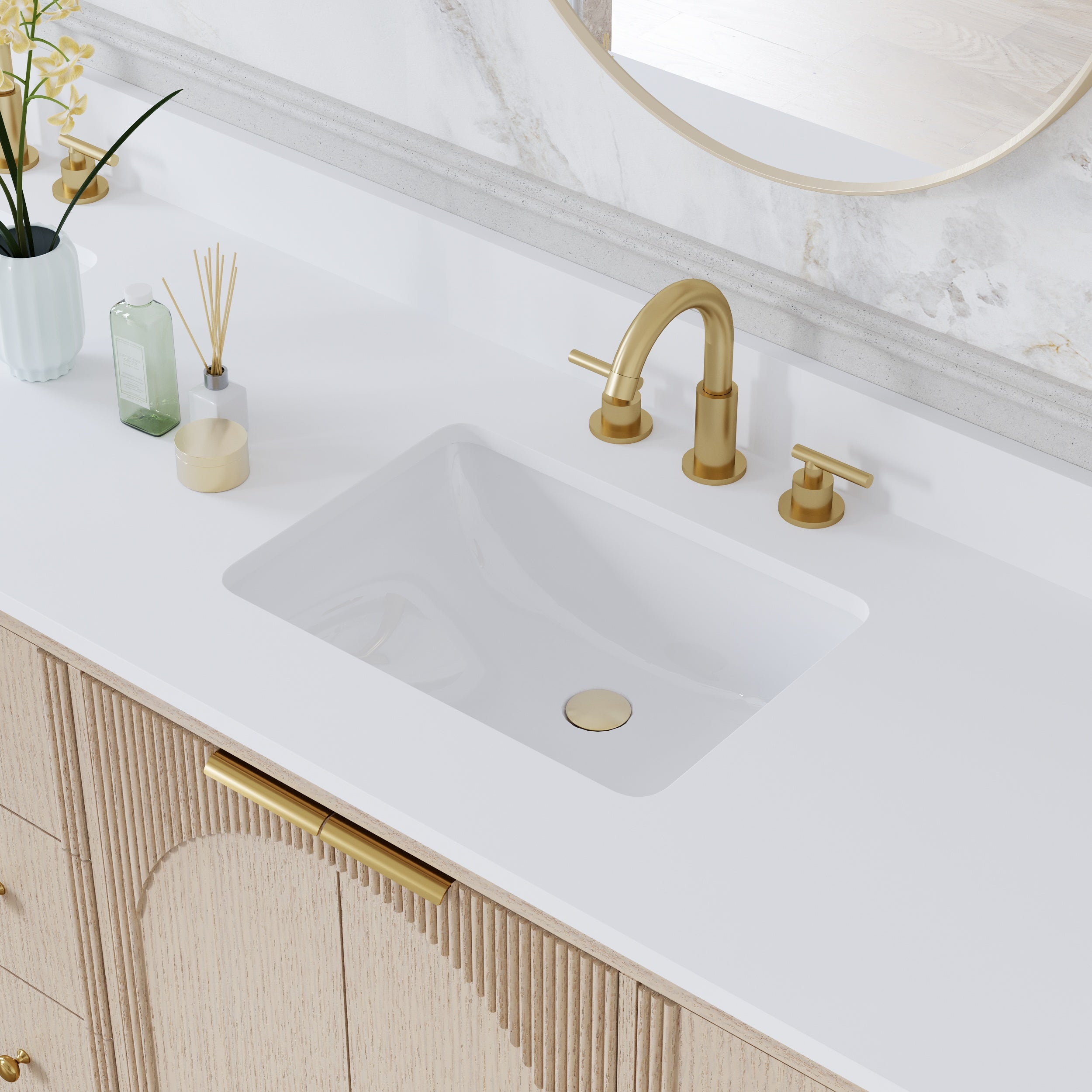 84 Inch Modern Light Oak Solid Wood Bathroom Vanity with White Quartz Countertop & 9 Soft-Close Drawers