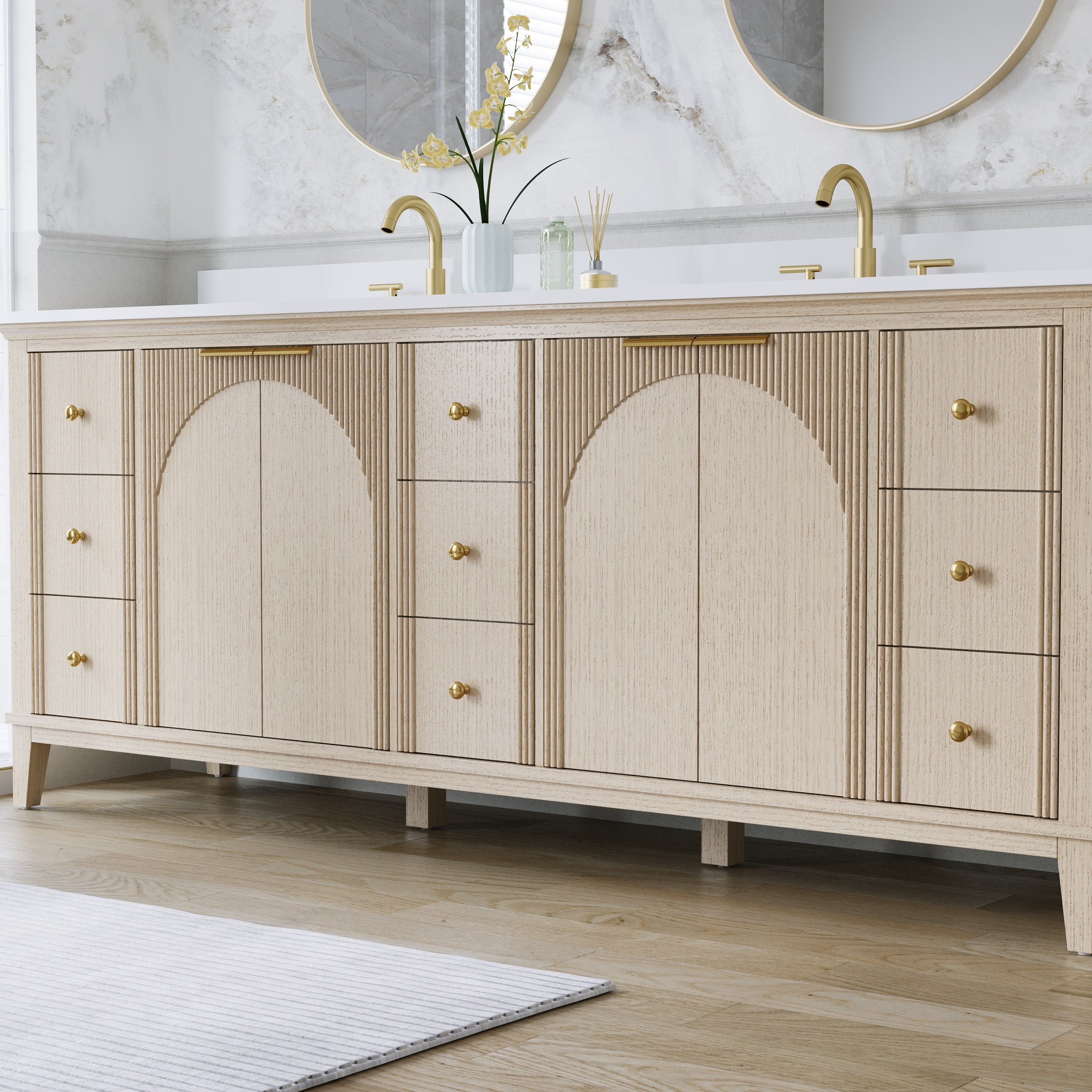 84 Inch Modern Light Oak Solid Wood Bathroom Vanity with White Quartz Countertop & 9 Soft-Close Drawers