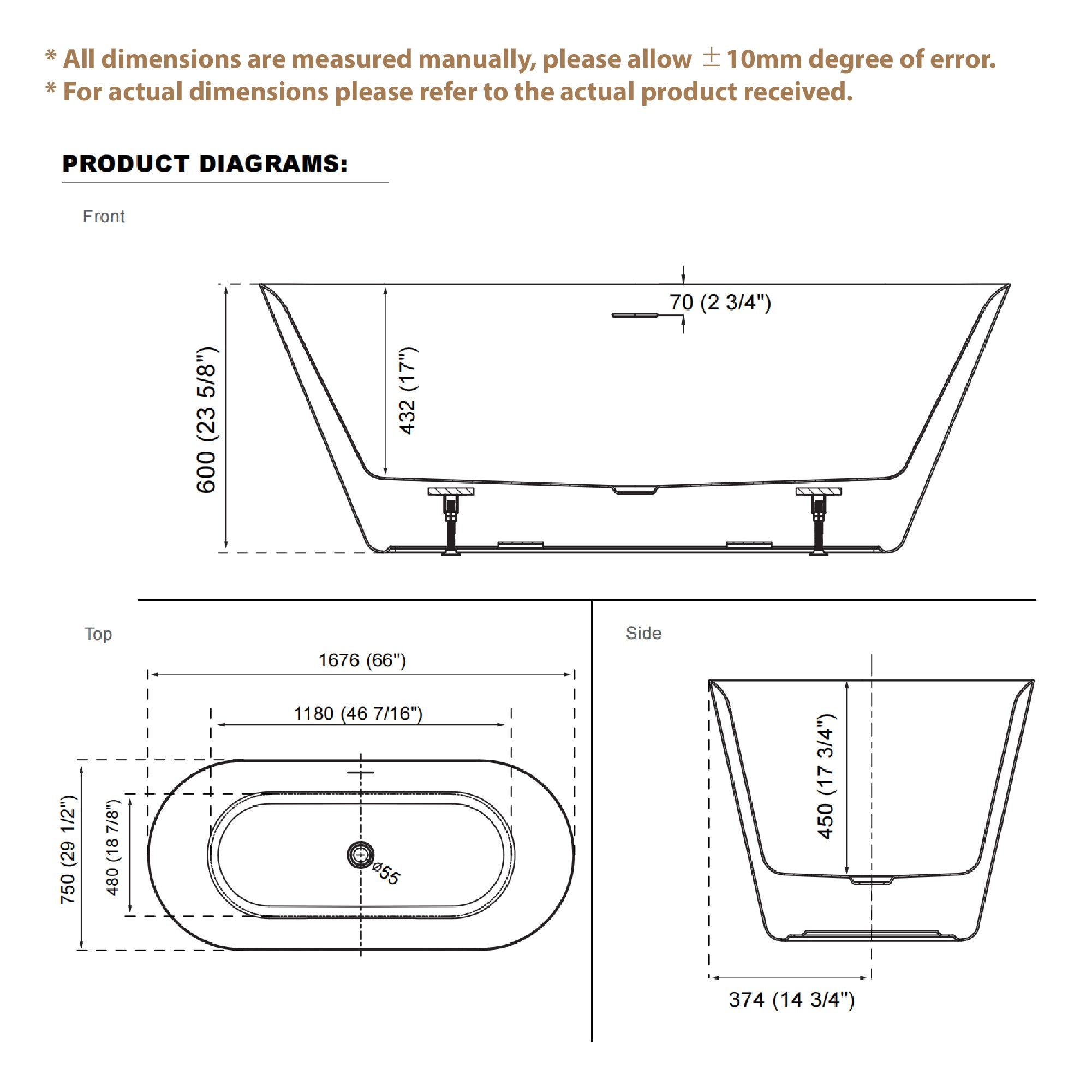 66" Freestanding Glossy White Acrylic Bathtub with Slotted Overflow