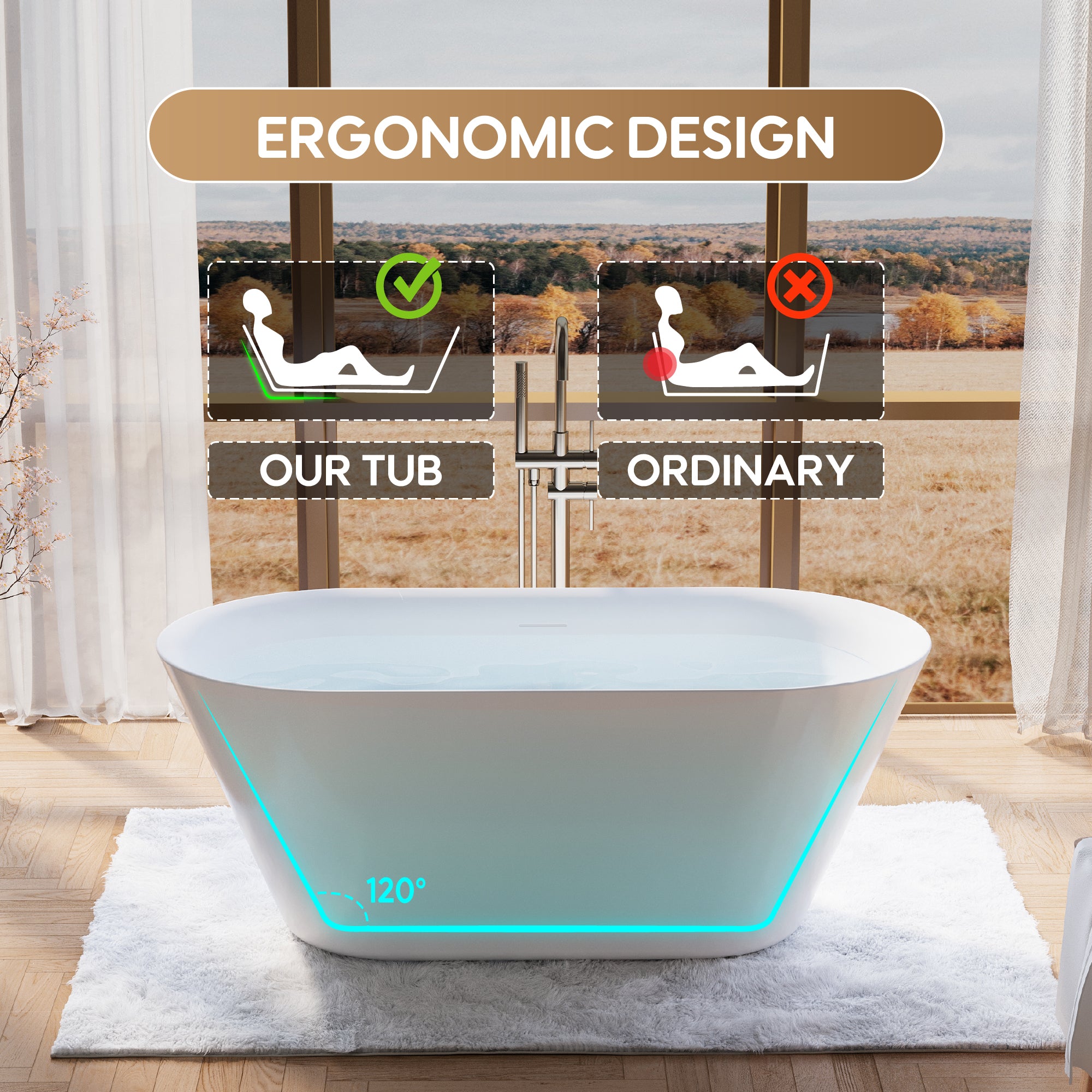 60" Glossy White Acrylic Freestanding Bathtub with Integrated Slotted Overflow and Pop-up Drainer