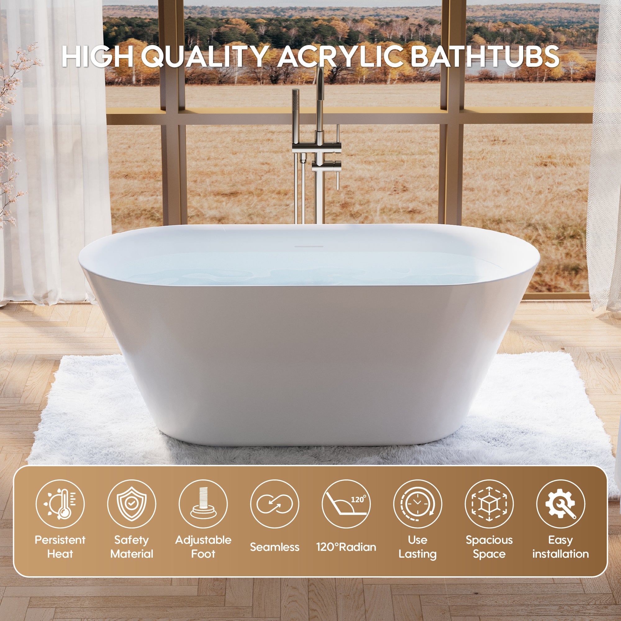 60" Glossy White Acrylic Freestanding Bathtub with Integrated Slotted Overflow and Pop-up Drainer