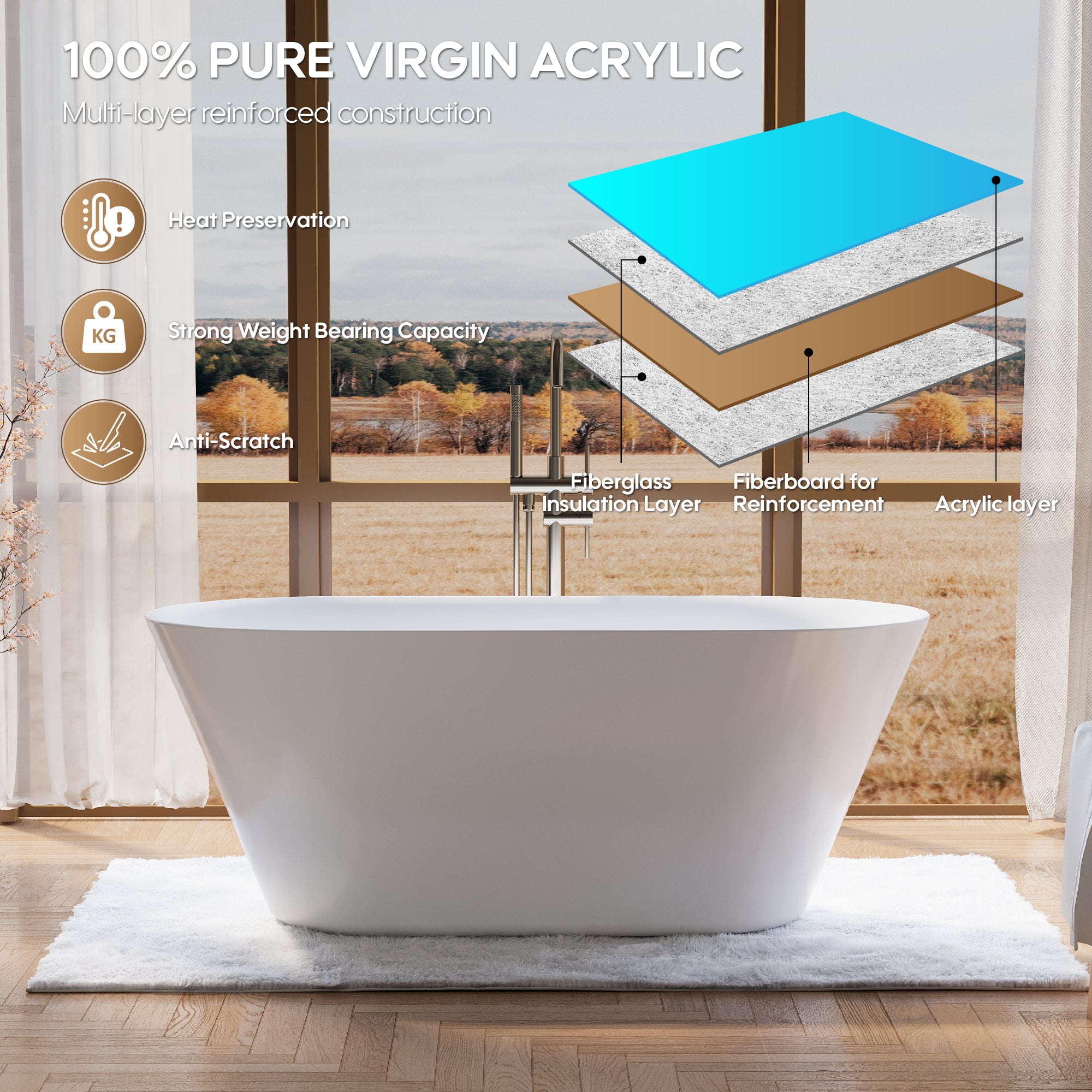 60" Glossy White Acrylic Freestanding Bathtub with Integrated Slotted Overflow and Pop-up Drainer