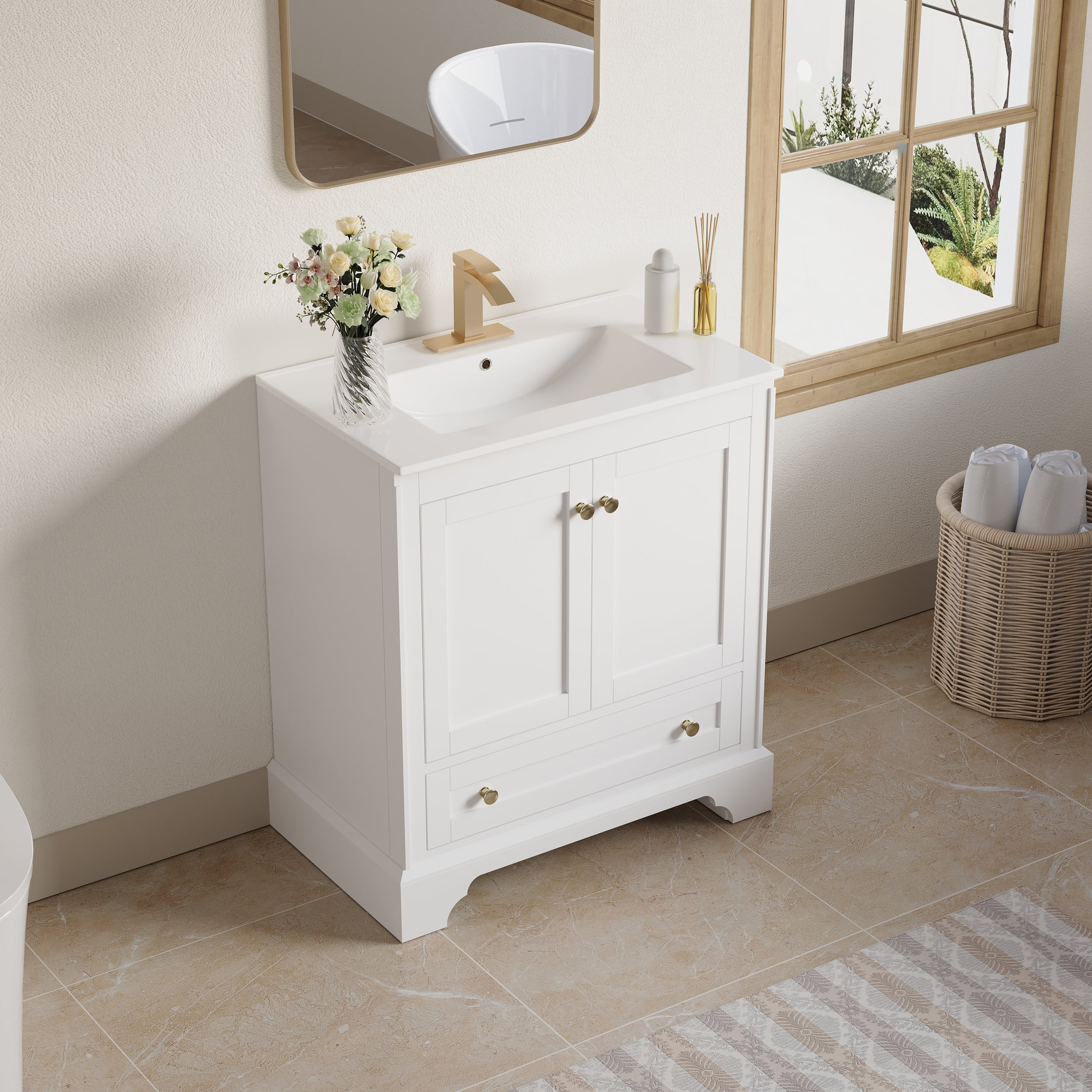 30 inch Bathroom Vanity with Sink Combo Set, Solid Wood Bathroom Storage Cabinet with Soft-Closing Doors, White