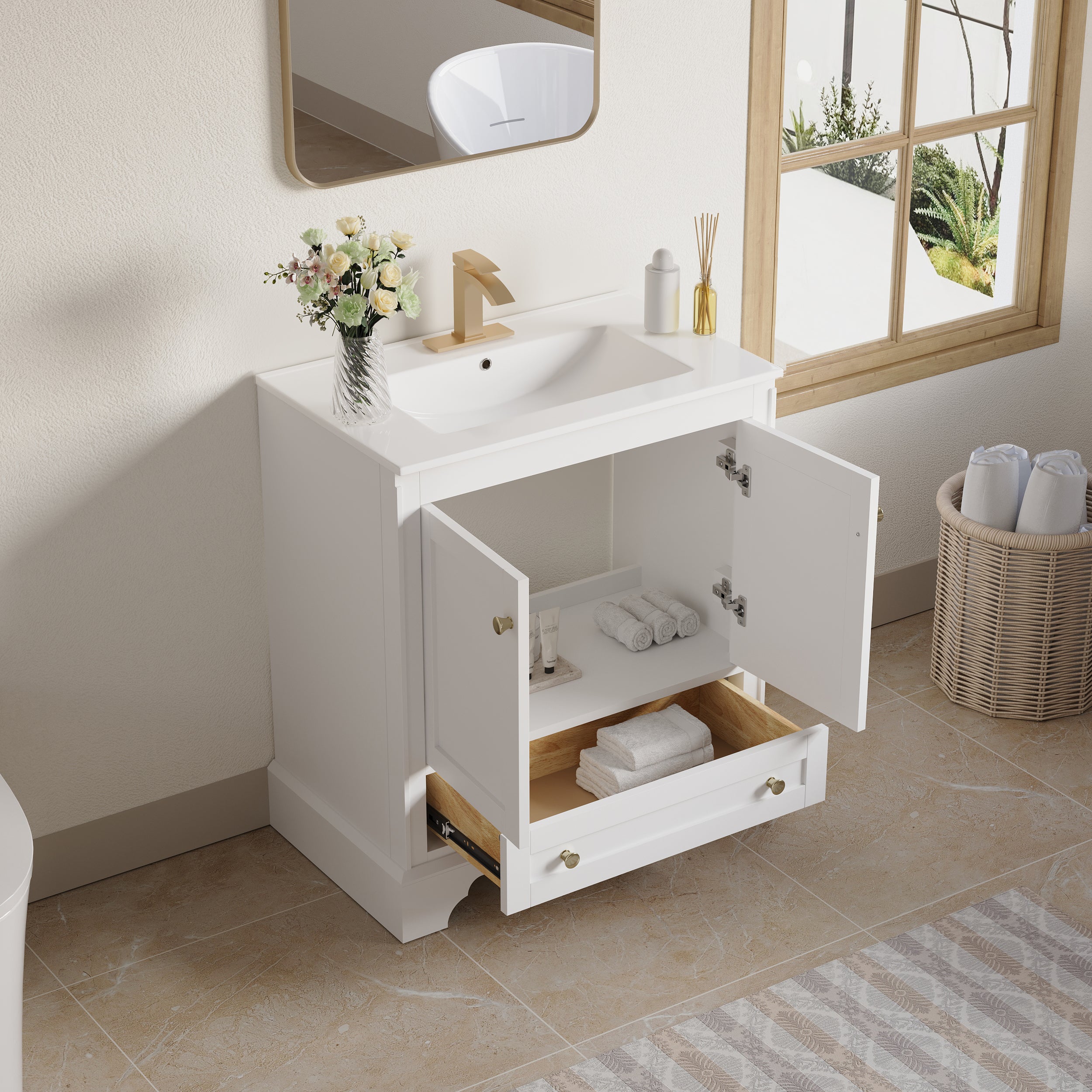 30 inch Bathroom Vanity with Sink Combo Set, Solid Wood Bathroom Storage Cabinet with Soft-Closing Doors, White