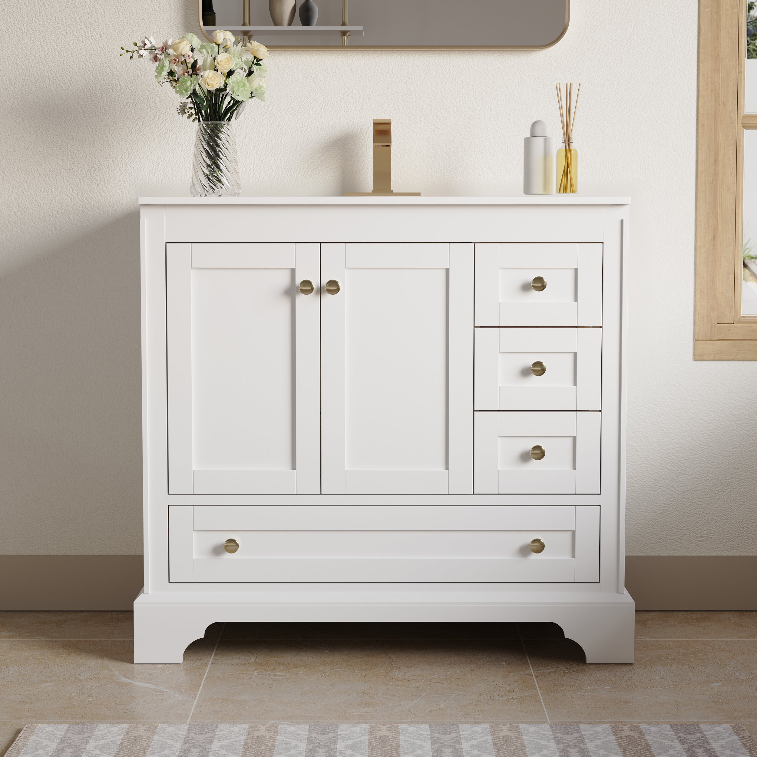 36 inch Bathroom Vanity with Sink Combo Set, Solid Wood Bathroom Storage Cabinet with Soft-Closing Doors, White