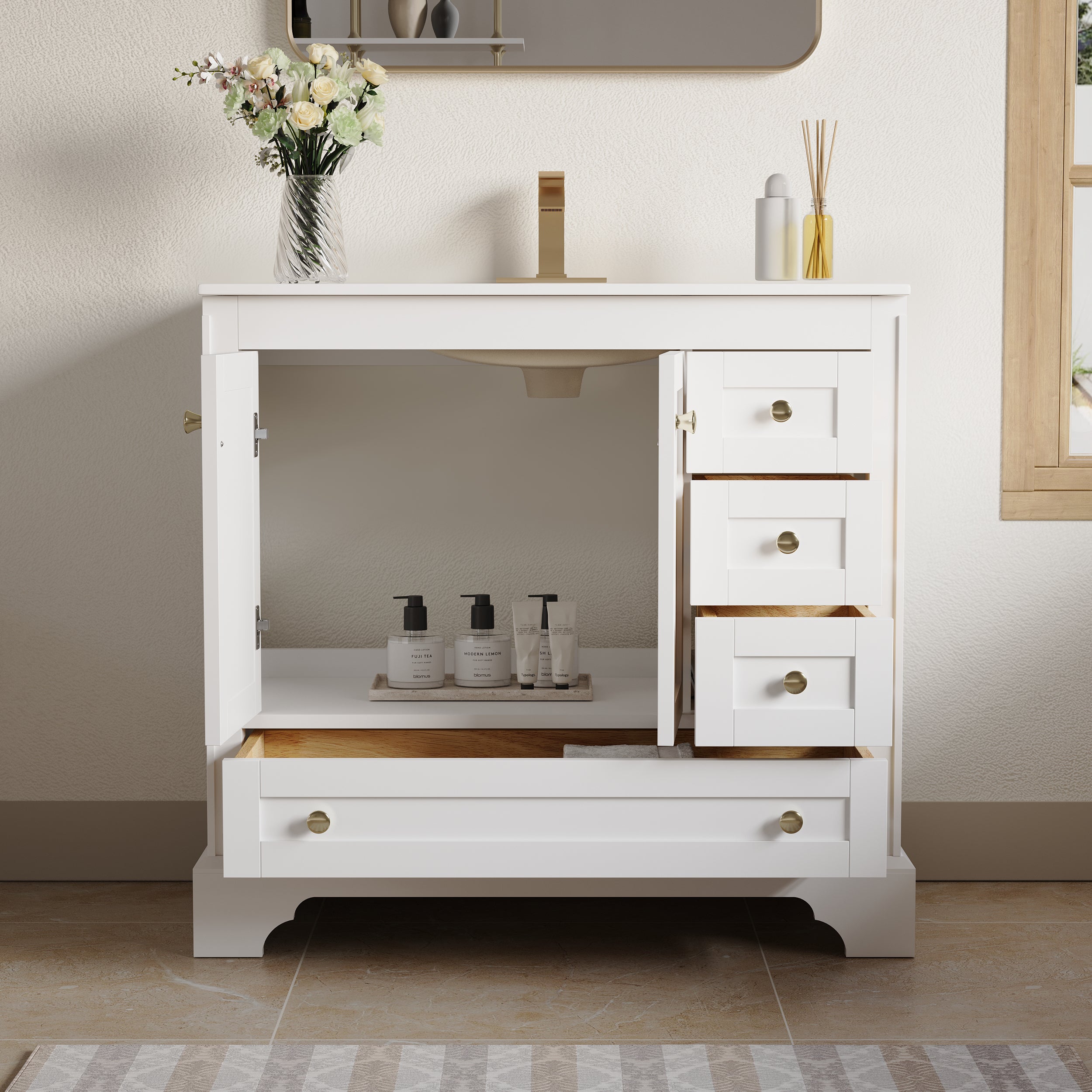 36 inch Bathroom Vanity with Sink Combo Set, Solid Wood Bathroom Storage Cabinet with Soft-Closing Doors, White