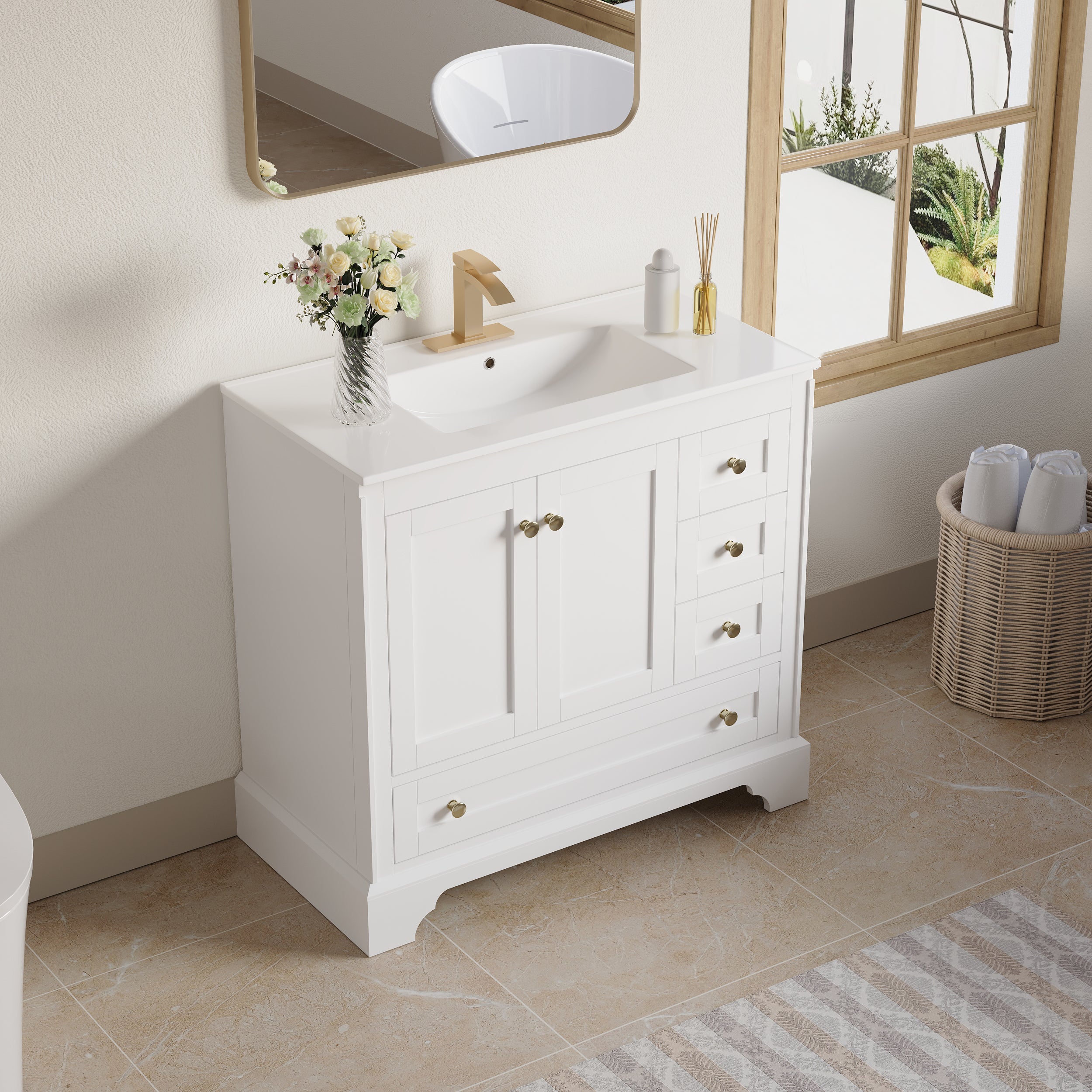 36 inch Bathroom Vanity with Sink Combo Set, Solid Wood Bathroom Storage Cabinet with Soft-Closing Doors, White
