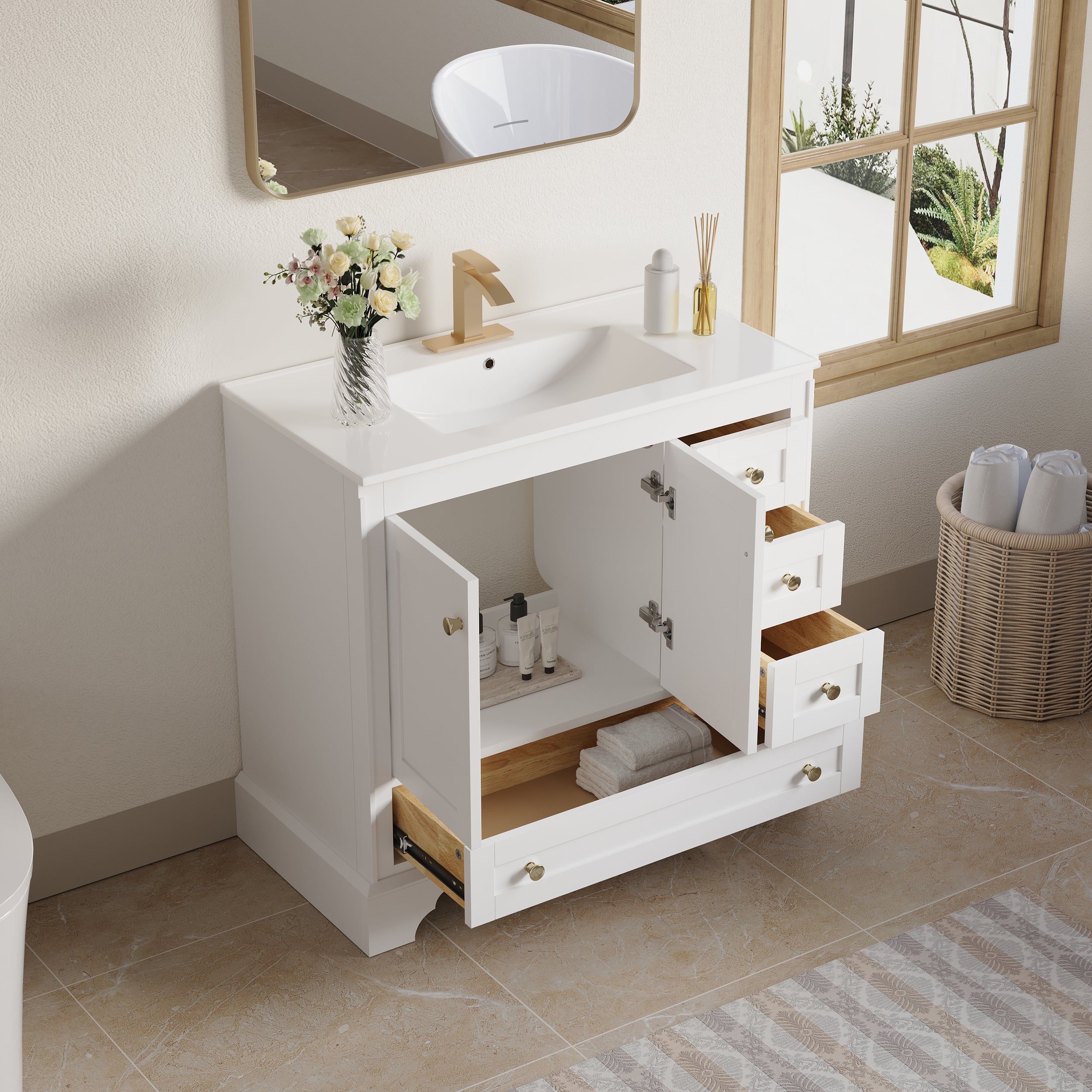 36 inch Bathroom Vanity with Sink Combo Set, Solid Wood Bathroom Storage Cabinet with Soft-Closing Doors, White
