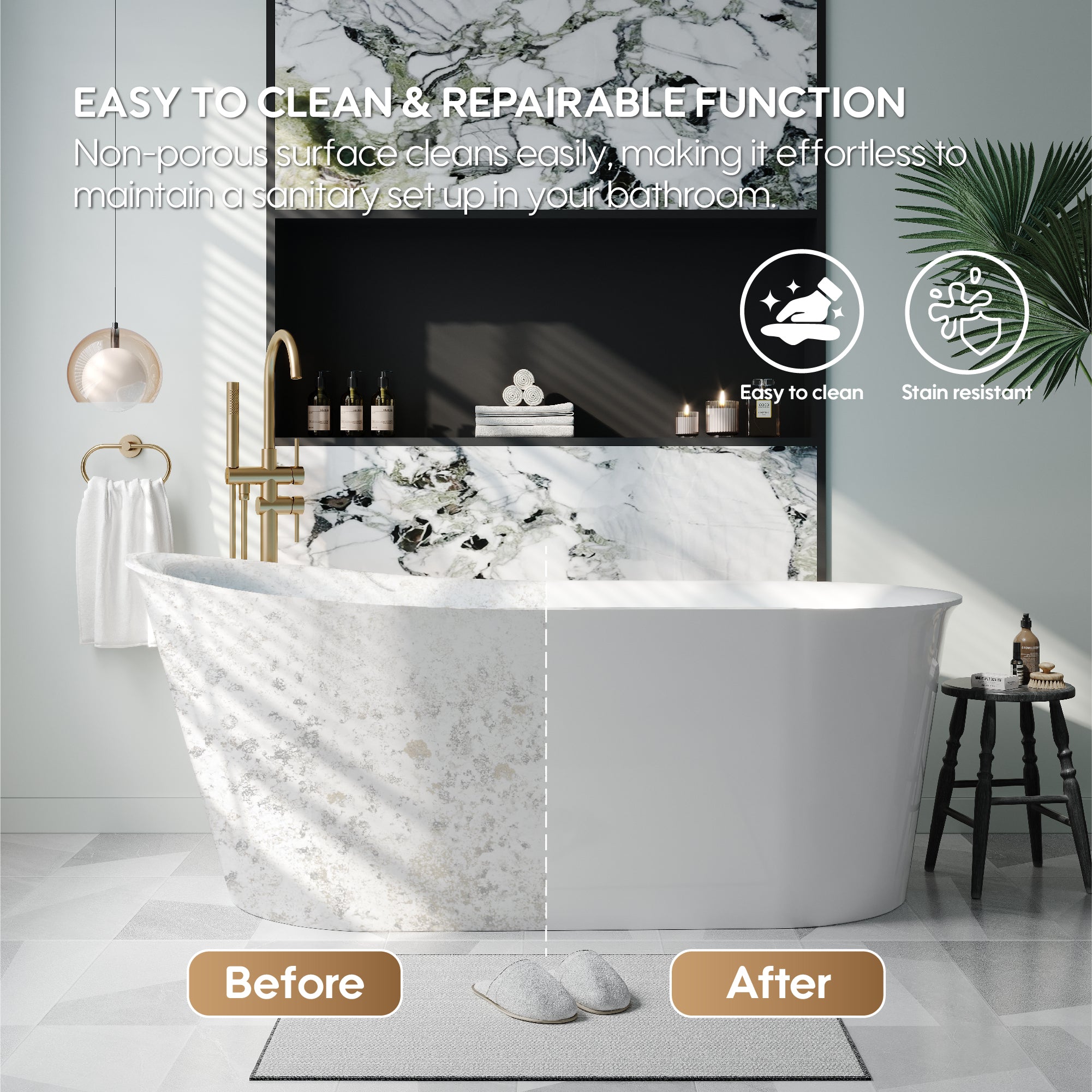 66" Freestanding Glossy White Acrylic Bathtub with Overflow and Drainage