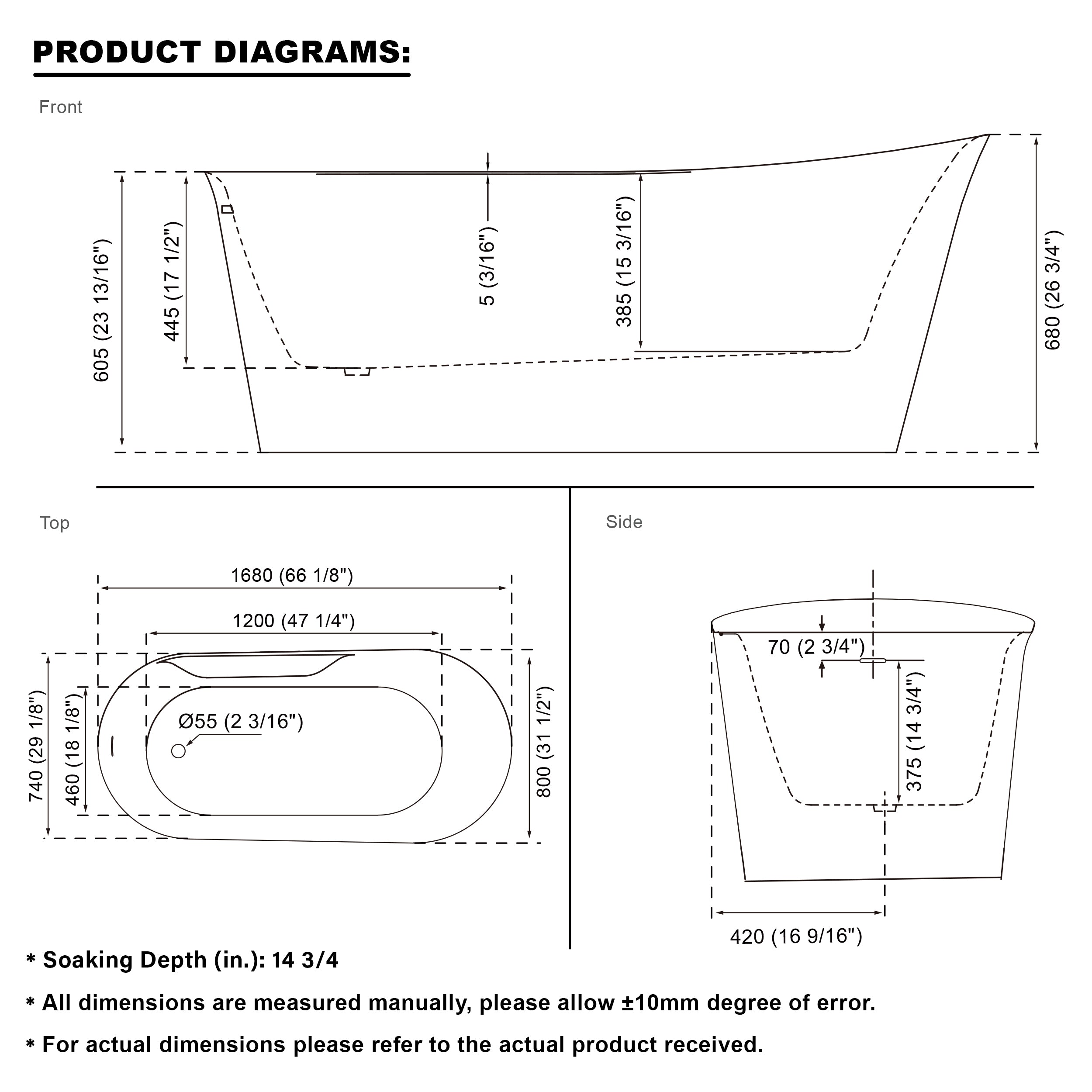 66" Freestanding Glossy White Acrylic Bathtub with Overflow and Drainage