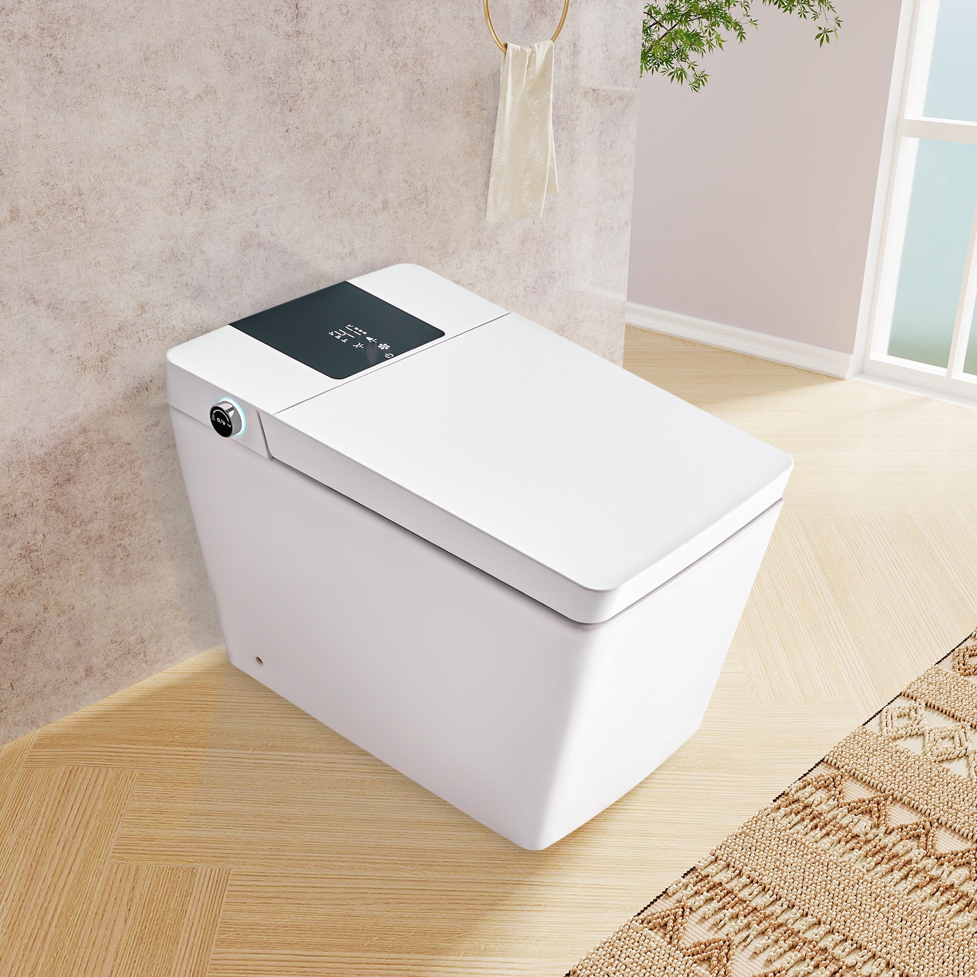 Multifunctional Smart Toilet with Remote Control, Foot Sensor, Night Light in White