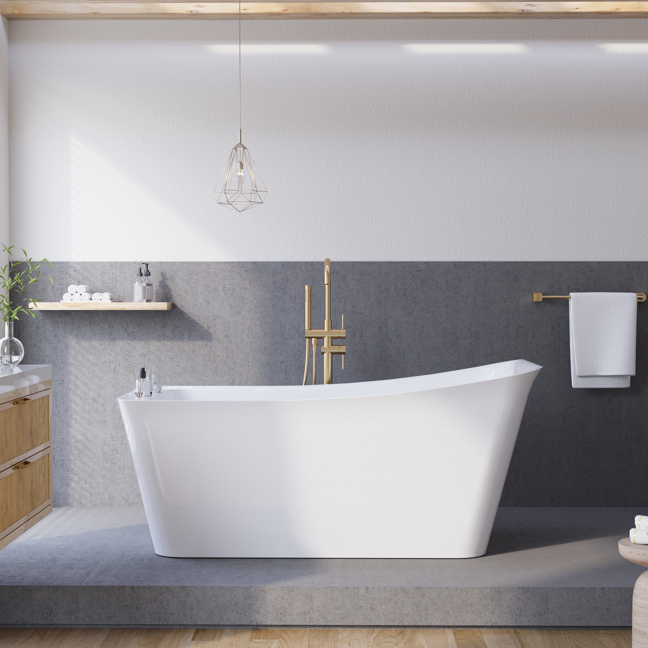 64" Freestanding Acrylic Soaking Bathtub with Ergonomic Design, Integrated Slotted Overflow & Pop-Up Drain