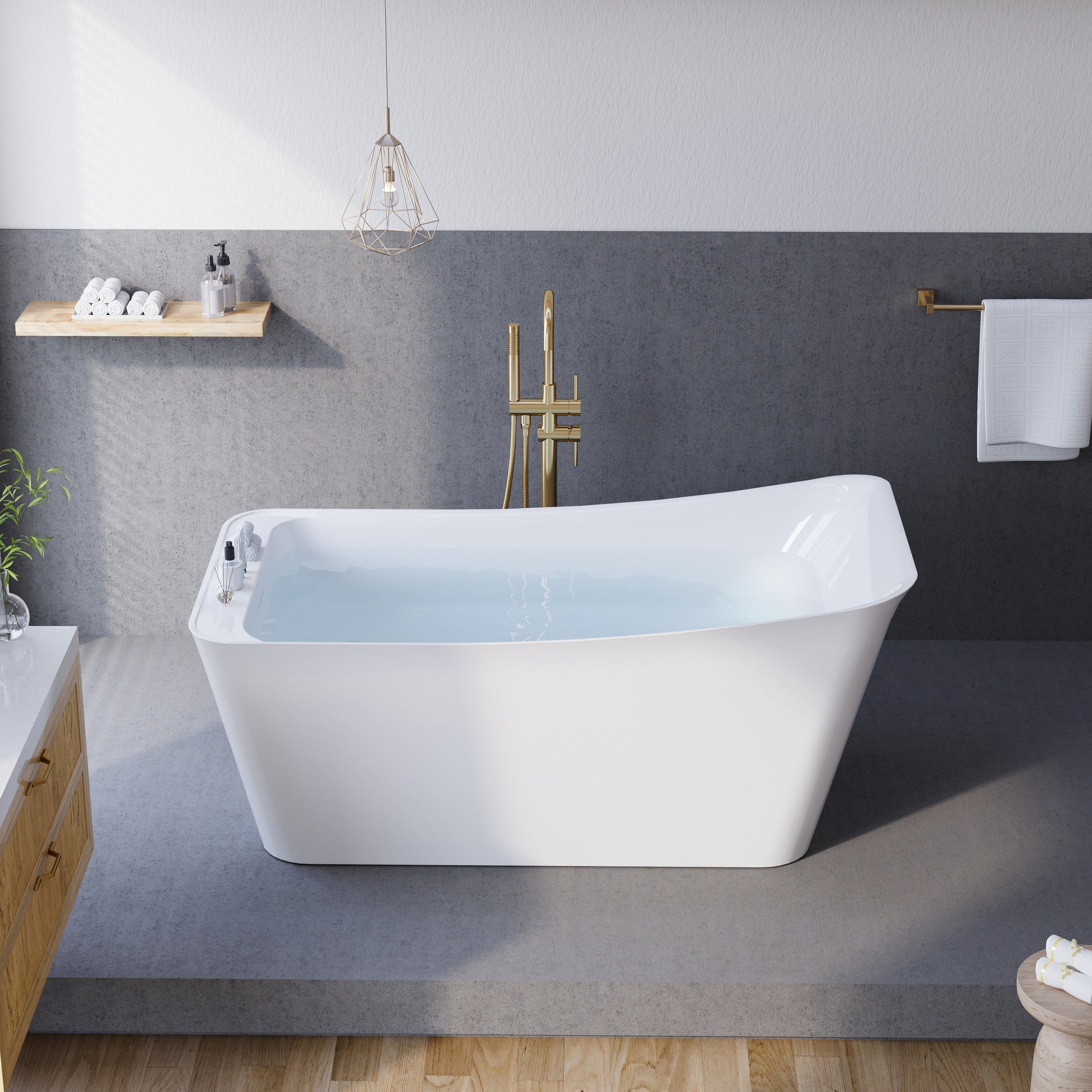 64" Freestanding Acrylic Soaking Bathtub with Ergonomic Design, Integrated Slotted Overflow & Pop-Up Drain