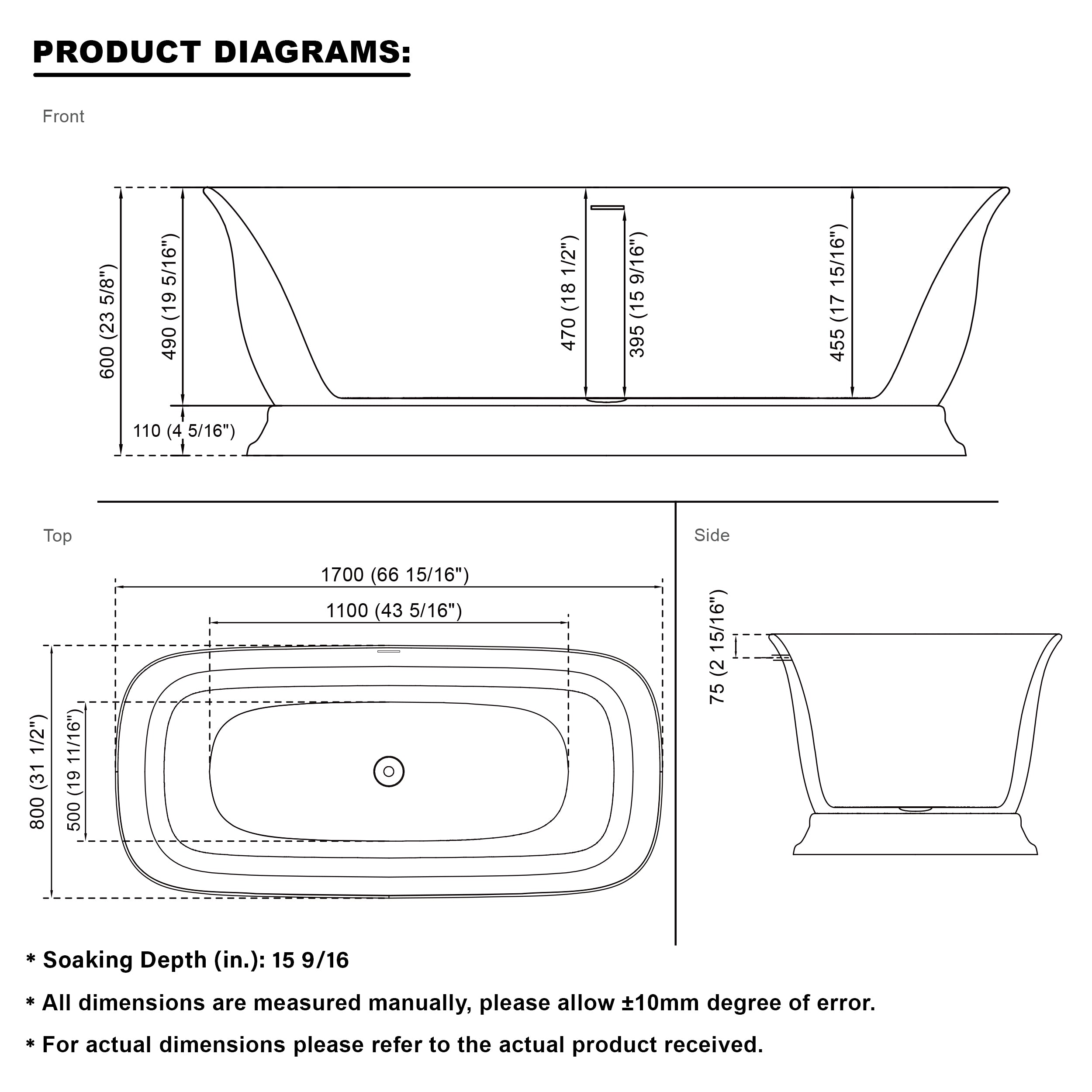 67" Acrylic Freestanding Bathtub in Glossy White with Overflow and Drain