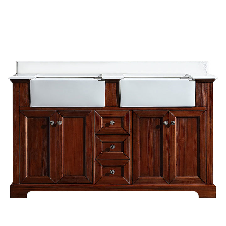 60" Freestanding Bath Vanity Wood in Brown with White Quartz Top with White Basin