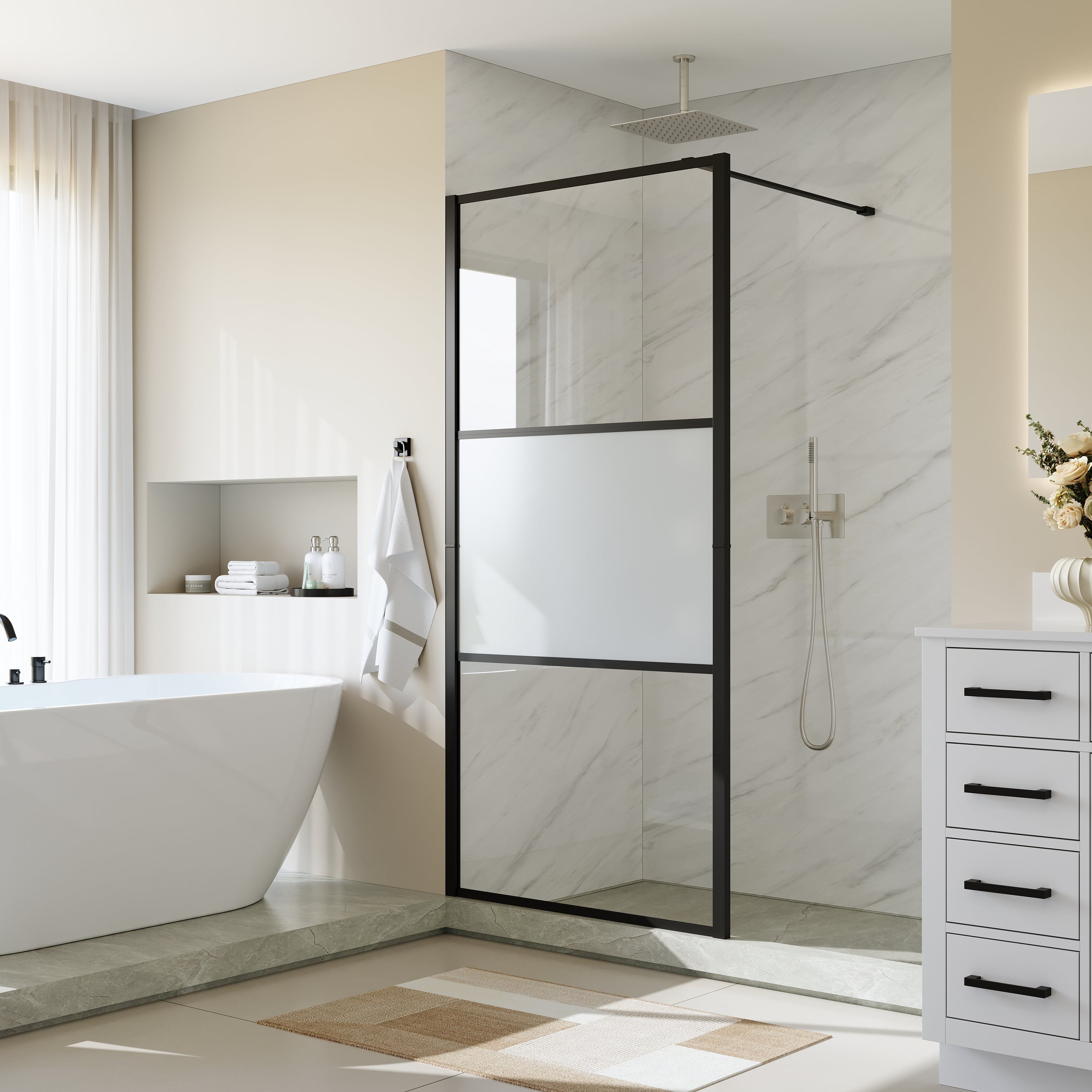 33 5/8-34” x 72” Frosted Tempered Glass Shower Door Panel, Fixed Walk-In Shower Screen with Matte Black Frame