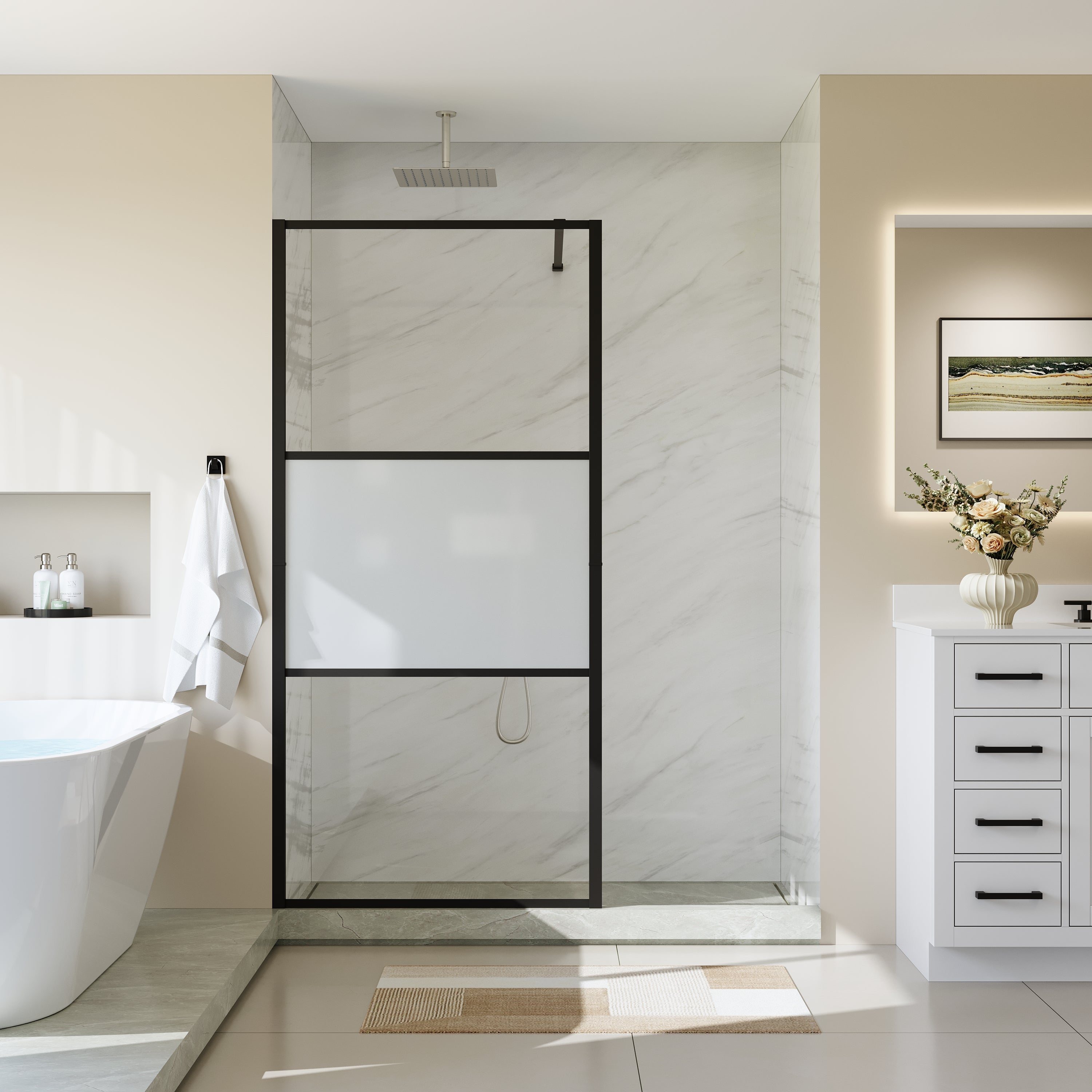 33 5/8-34” x 72” Frosted Tempered Glass Shower Door Panel, Fixed Walk-In Shower Screen with Matte Black Frame