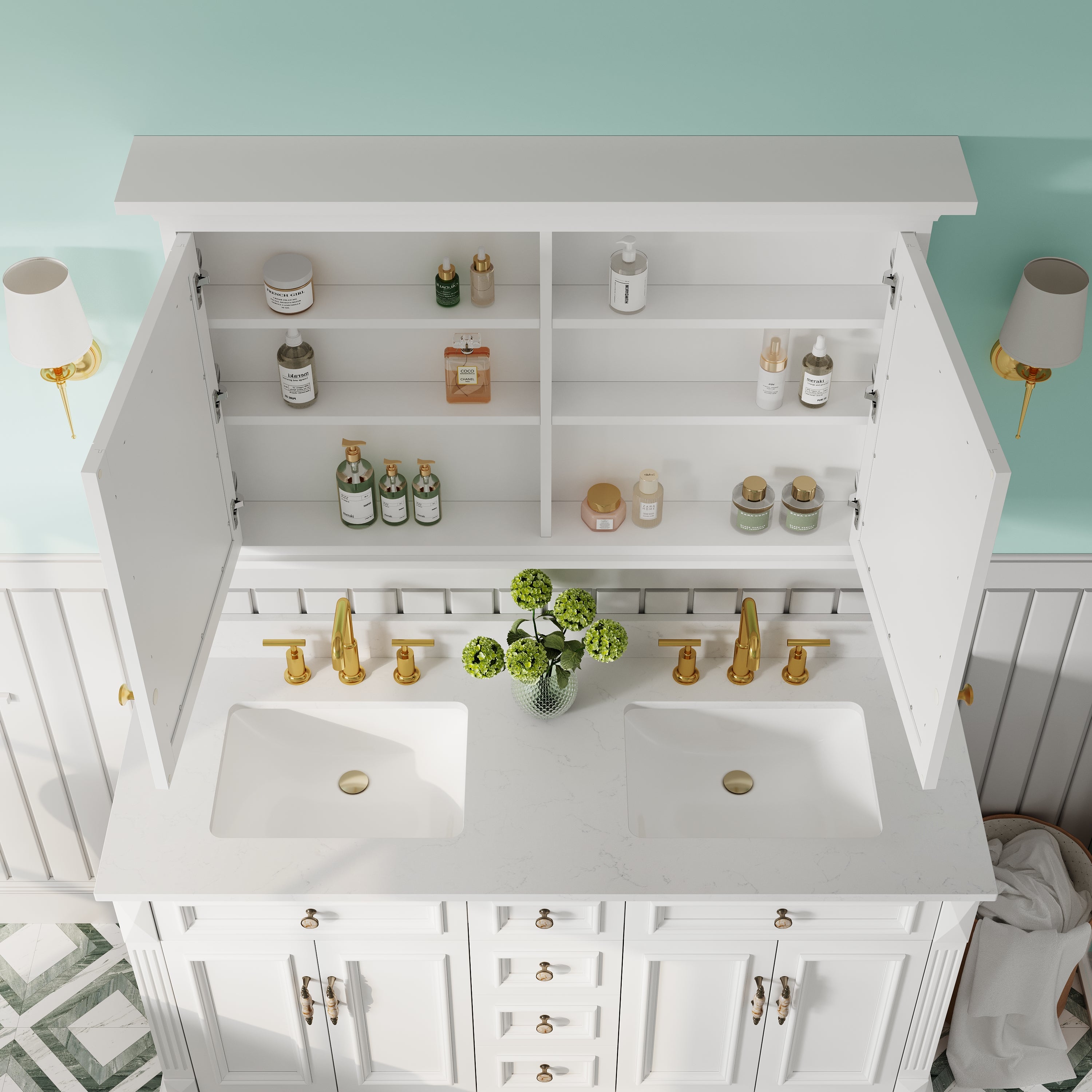48 in.W x 30 in.H Vertical Z-Bar Mounting Bathroom Wood Medicine Cabinet with Mirror in White