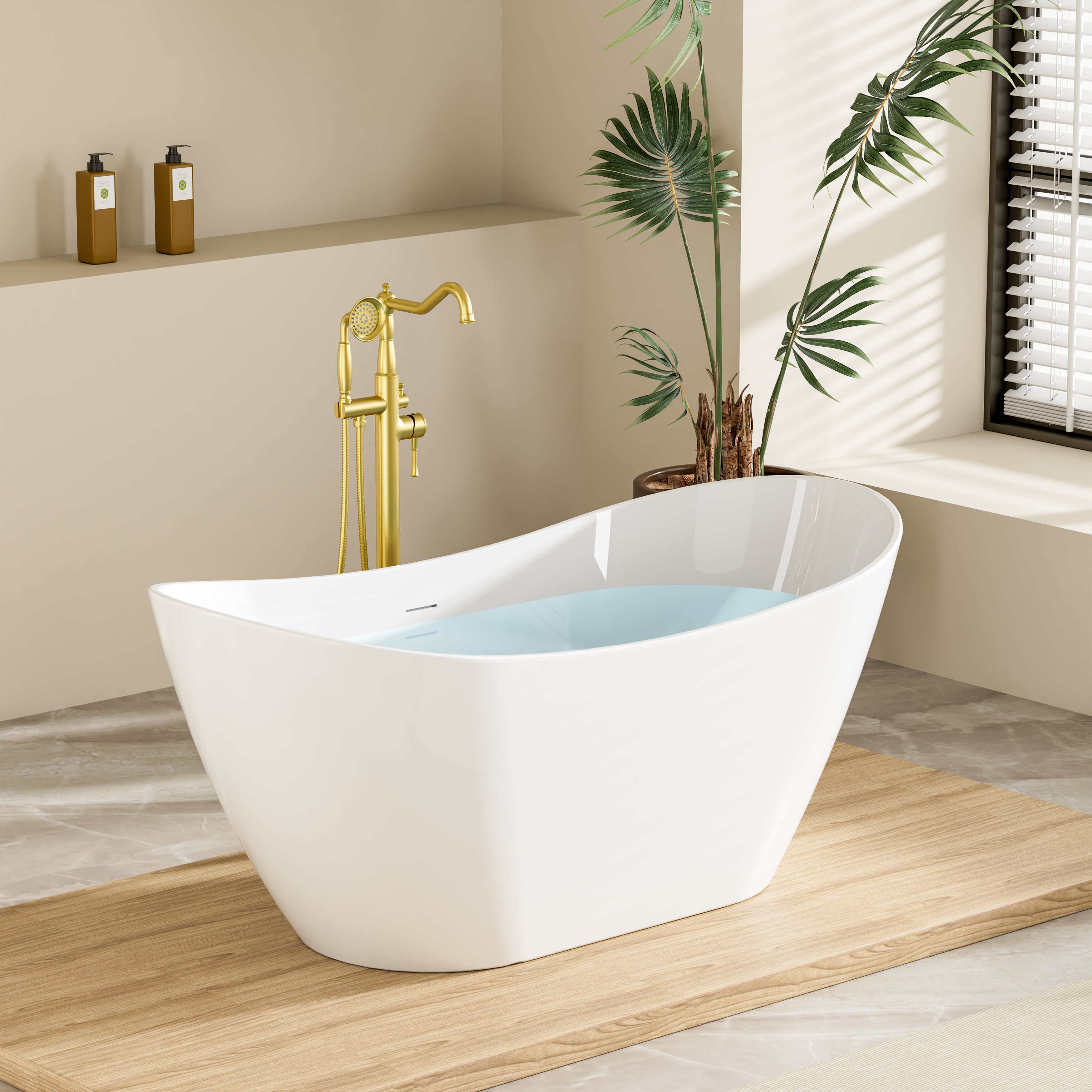 60" Glossy White Freestanding Acrylic Soaking Bathtub with Advanced Heat Retention & Ergonomic Support, 60-Gallon
