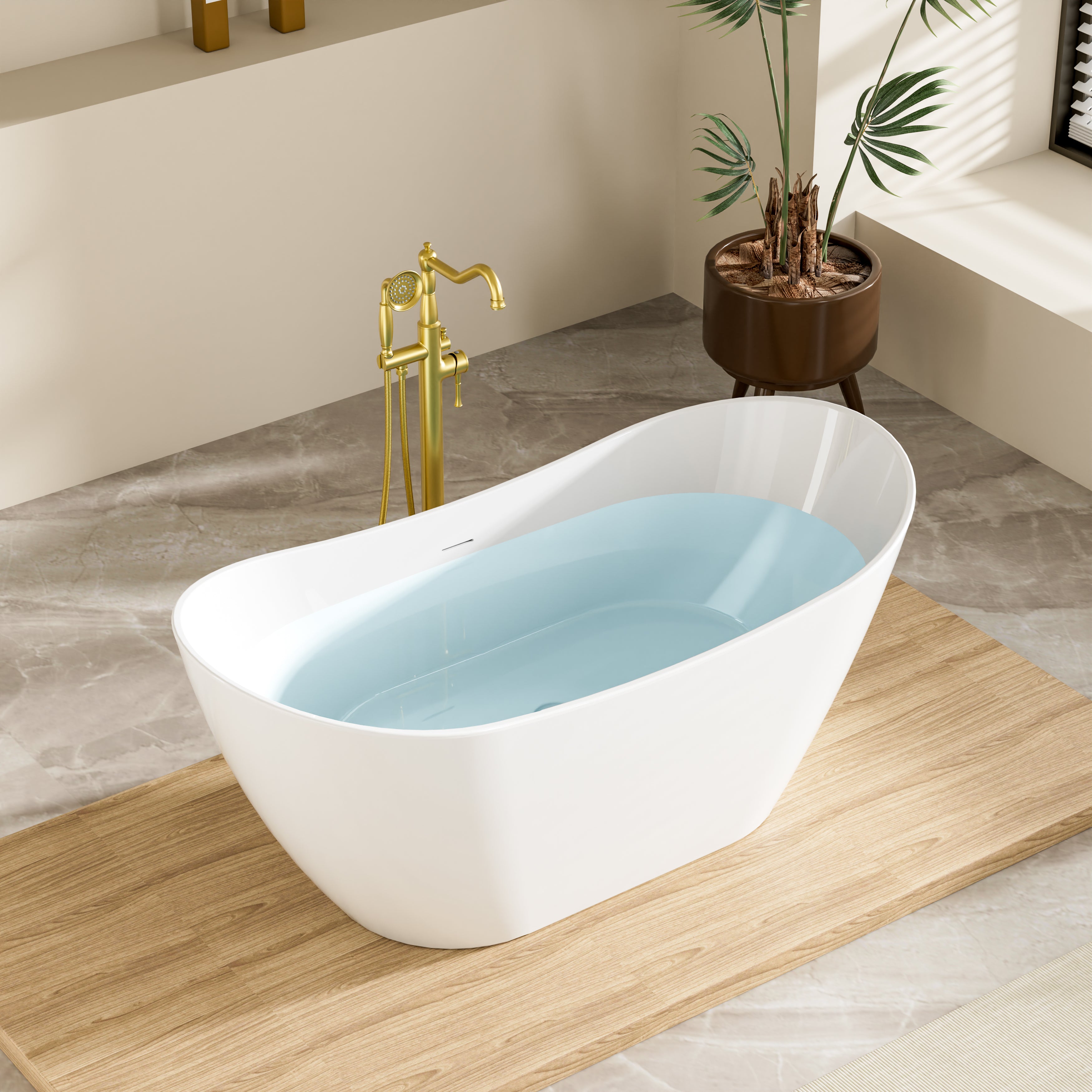 60" Glossy White Freestanding Acrylic Soaking Bathtub with Advanced Heat Retention & Ergonomic Support, 60-Gallon