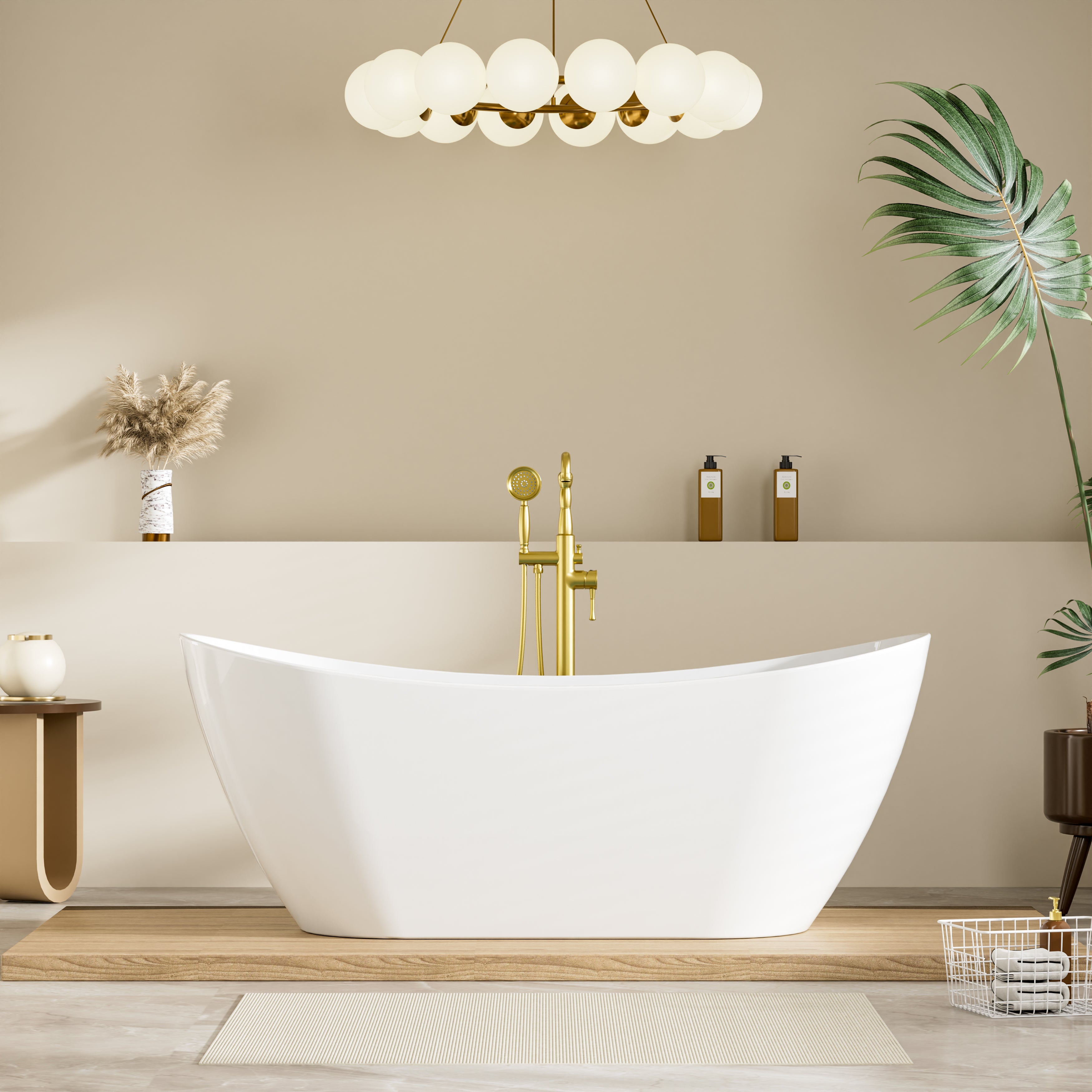 67" Glossy White Freestanding Acrylic Soaking Bathtub with Advanced Heat Retention & Ergonomic Support, 71-Gallon