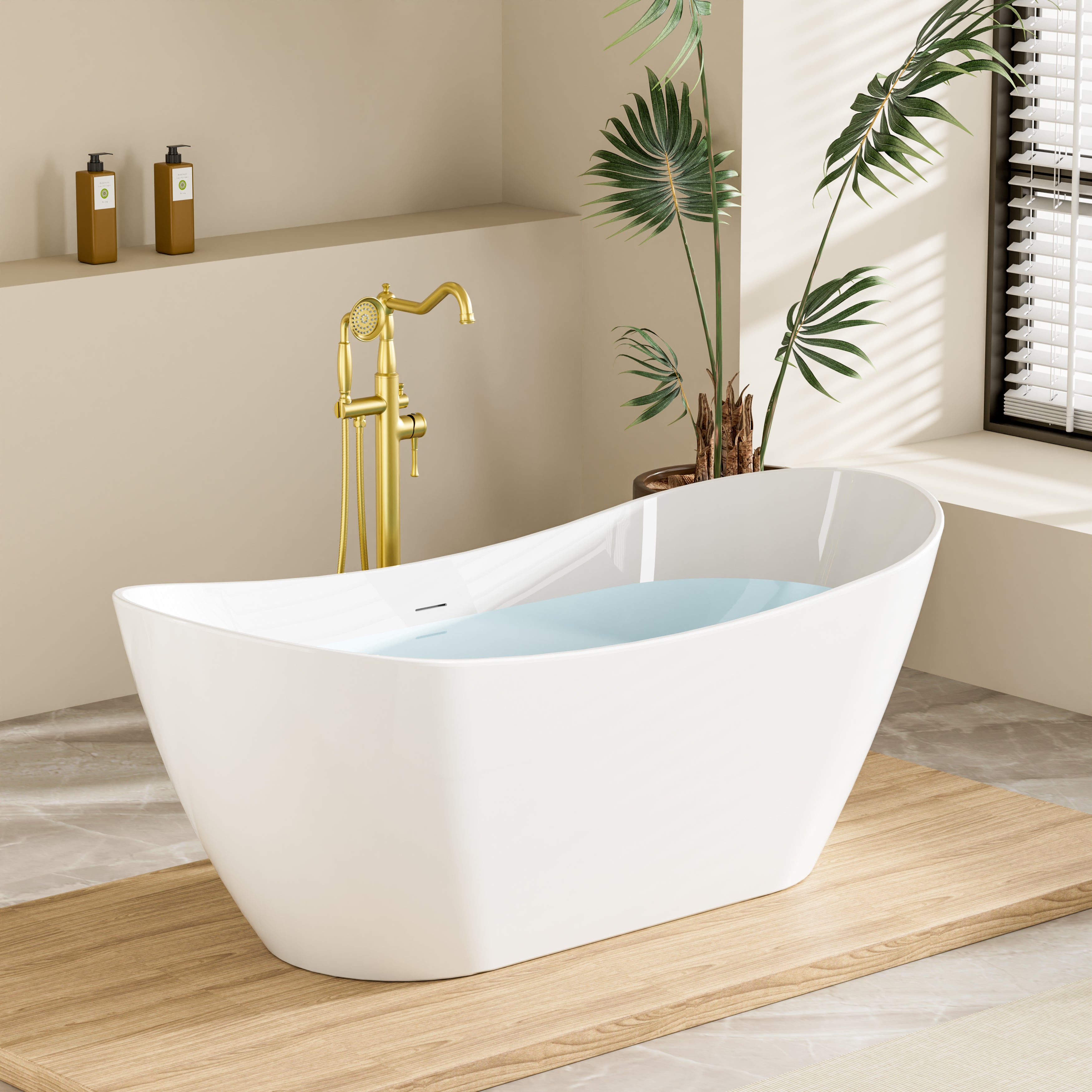 67" Glossy White Freestanding Acrylic Soaking Bathtub with Advanced Heat Retention & Ergonomic Support, 71-Gallon
