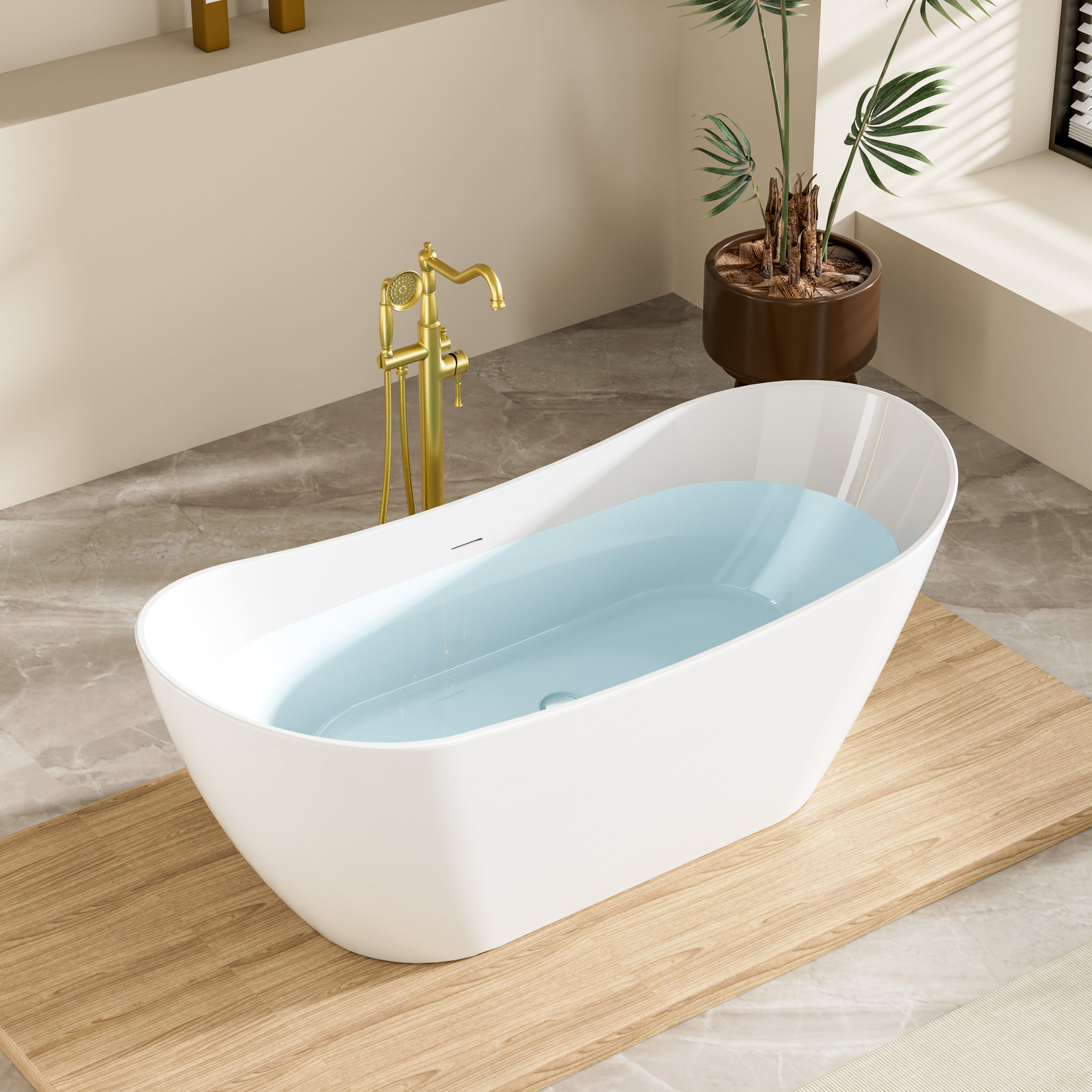 67" Glossy White Freestanding Acrylic Soaking Bathtub with Advanced Heat Retention & Ergonomic Support, 71-Gallon
