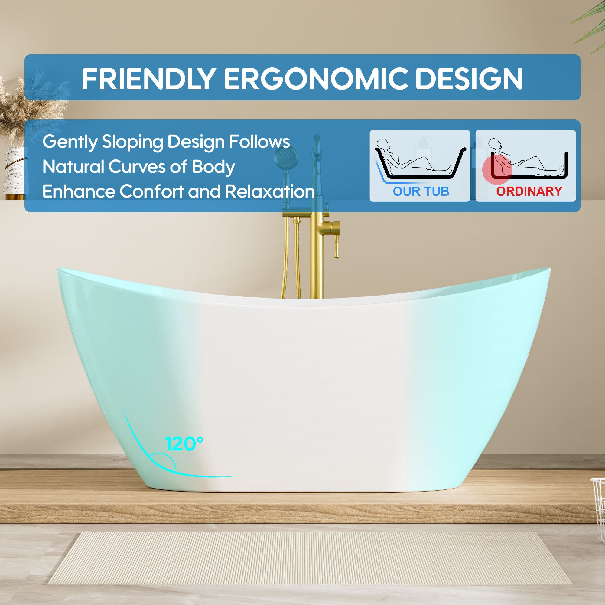 60" Glossy White Freestanding Acrylic Soaking Bathtub with Advanced Heat Retention & Ergonomic Support, 60-Gallon